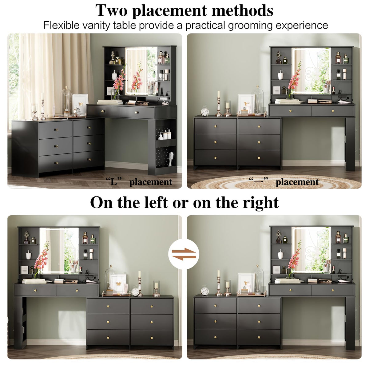 55.91“Makeup Vanity Desk with Mirror and Lights, Vanity Desk with 8 Drawers & Storage Shelves, Vanity Table with Power Outlet, 3 Color Modes & Adjustable Brightness Dressing Table, Bedroom,Black