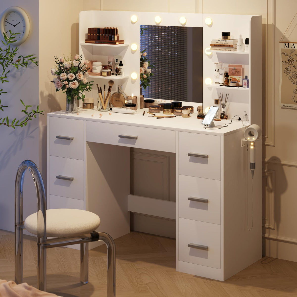 YESHOMY Vanity Desk with Mirror, Outlet, 10 Lights & 7 Drawers,Pure White