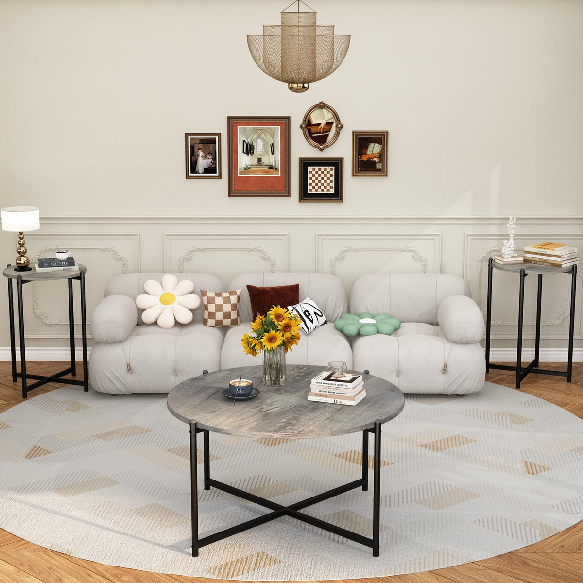 AWQM Faux Marble Coffee Table Set of 3, 1 Coffee Table & 2 Sofa Table, Round Tabletop and Metal Cross Base Frame,Perfect for Living Room Apartment, Grey