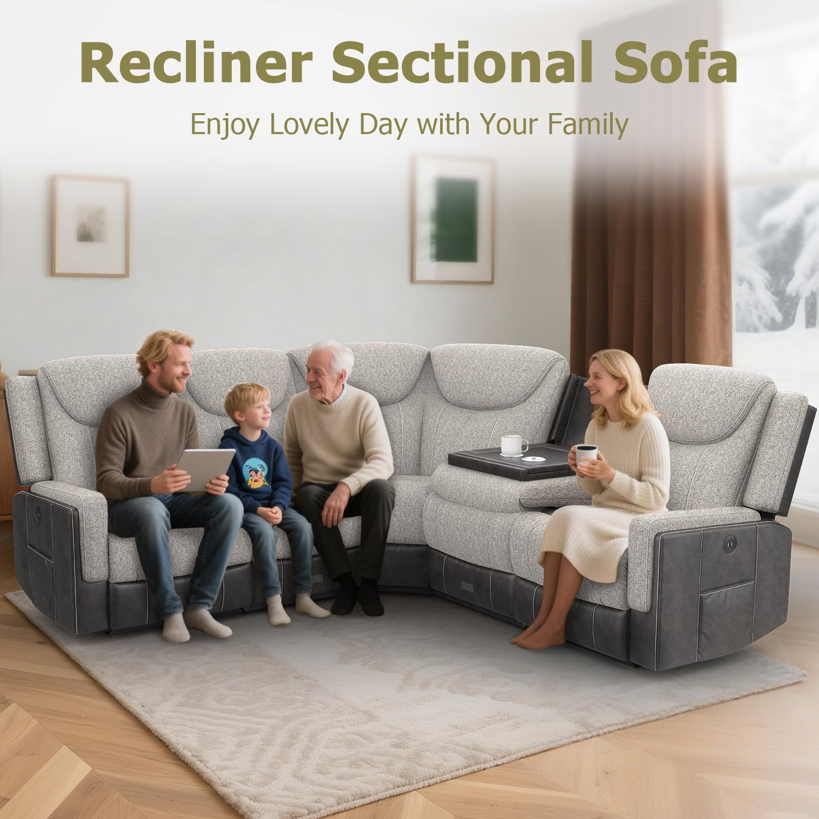 Dresegmt Home Theater Seating, Manual Recliner Sectional Sofa for Living Room, 5 Seater Reclining Sectional Couch with Flip-Up Backrest, Storage Console, USB Ports, Grey Linen & Chocolate Leather