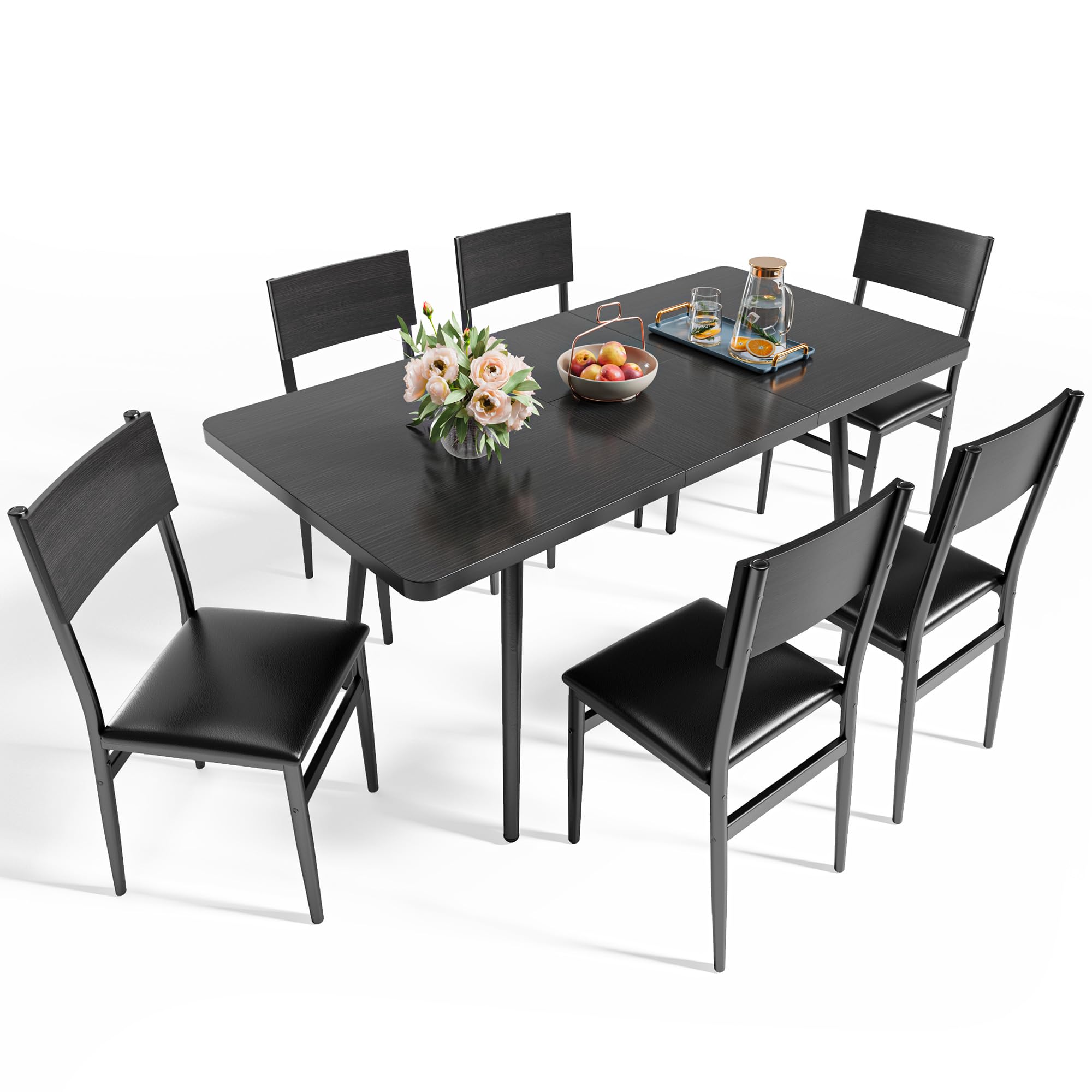Ahomly 7-Piece Extendable Dining Table Set with 6 Padded Chairs, 63" Dining Table Set for 4-6, Kitchen Table Set with MDF Board & Metal Frame, for Small Space, Kitchen, Apartment, Black