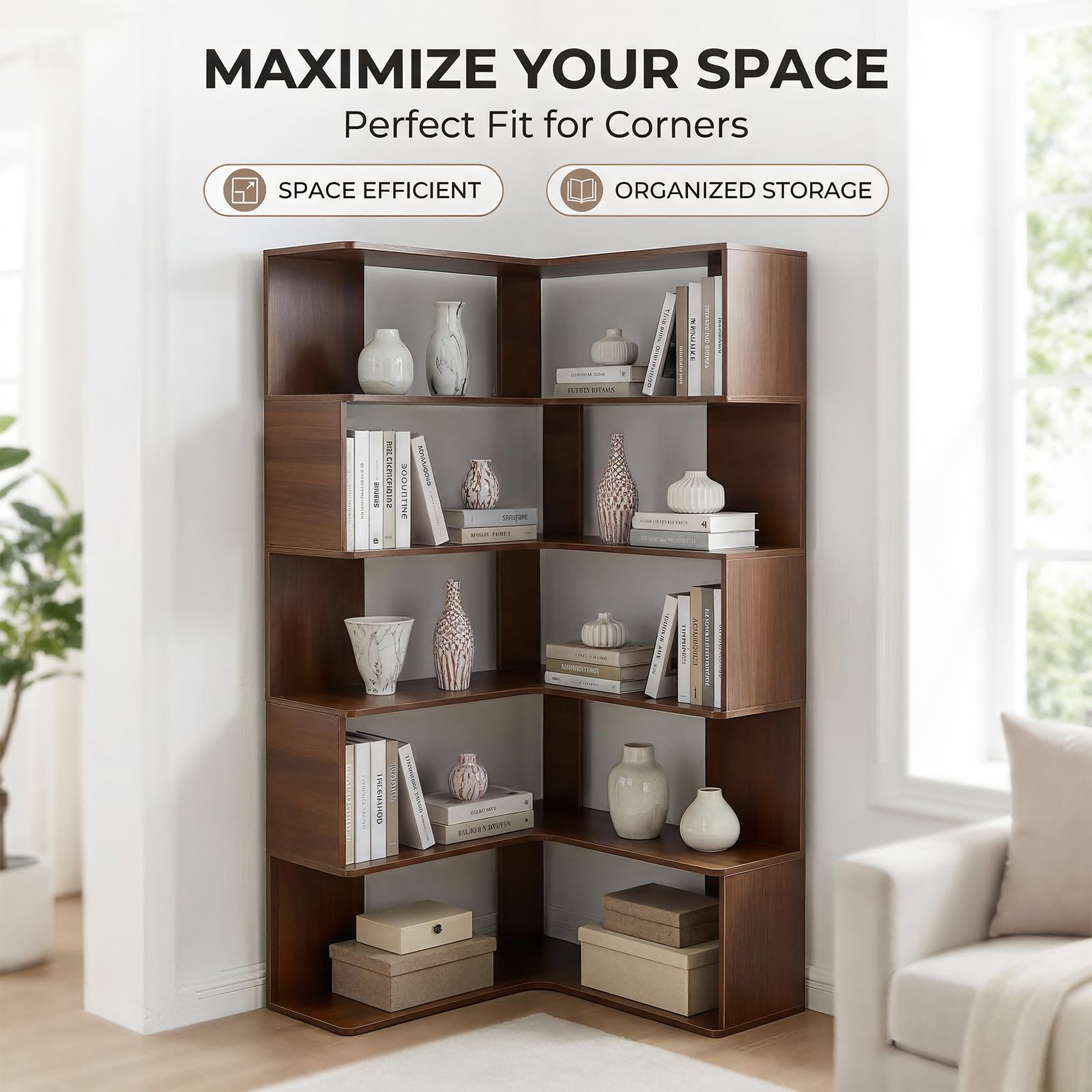 L-Shaped Corner Bookshelf, 6-Tier Open Storage