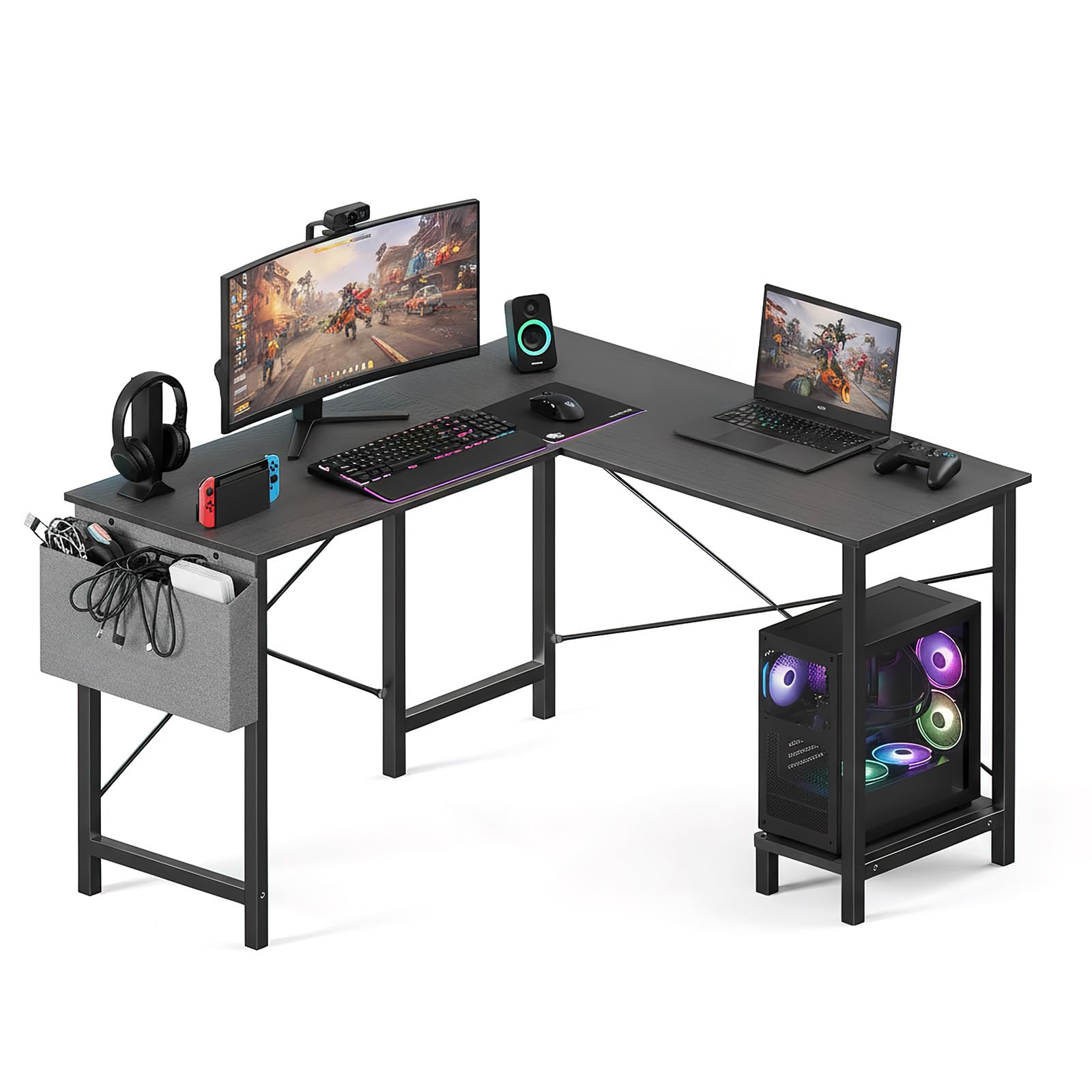 OLIXIS L Shaped Desk, 50-Inch Office Computer Gaming Desks Corner PC Table with Side Bag and Reversible Shelf for Home Work Study Writing Black