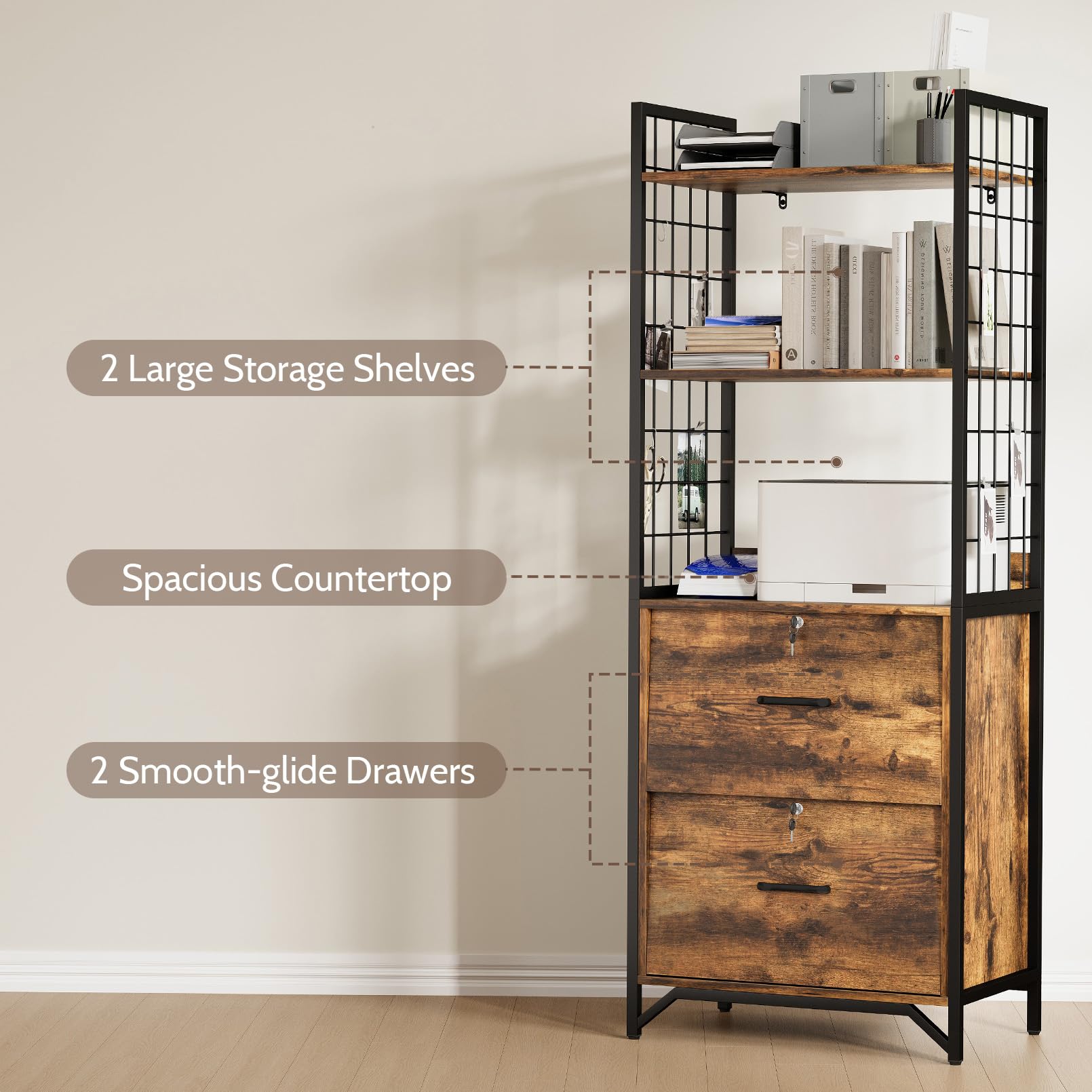 File Cabinet with Locking Drawers, Printer Stand & Open Shelves