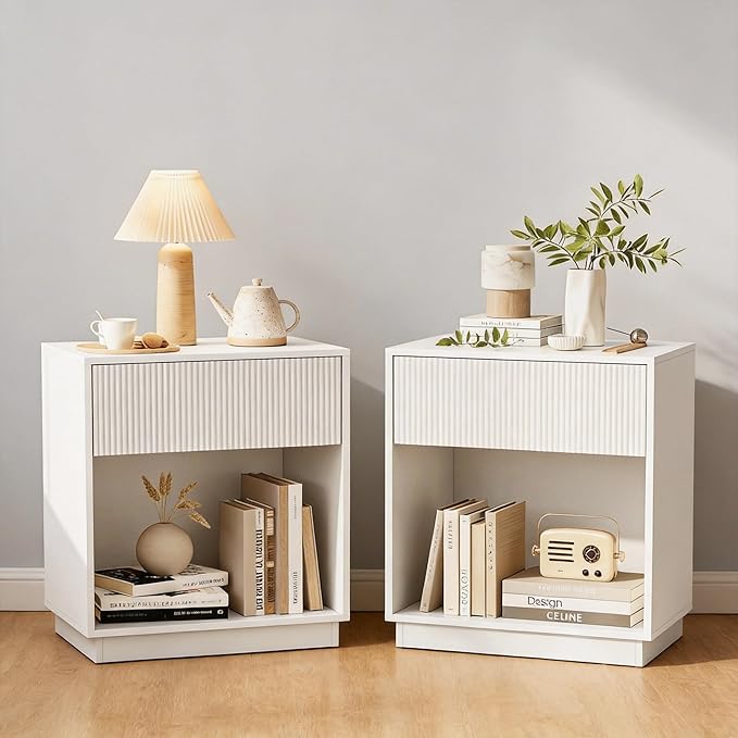 Fluted Nightstand Set of 2 with Drawer & Storage Shelf