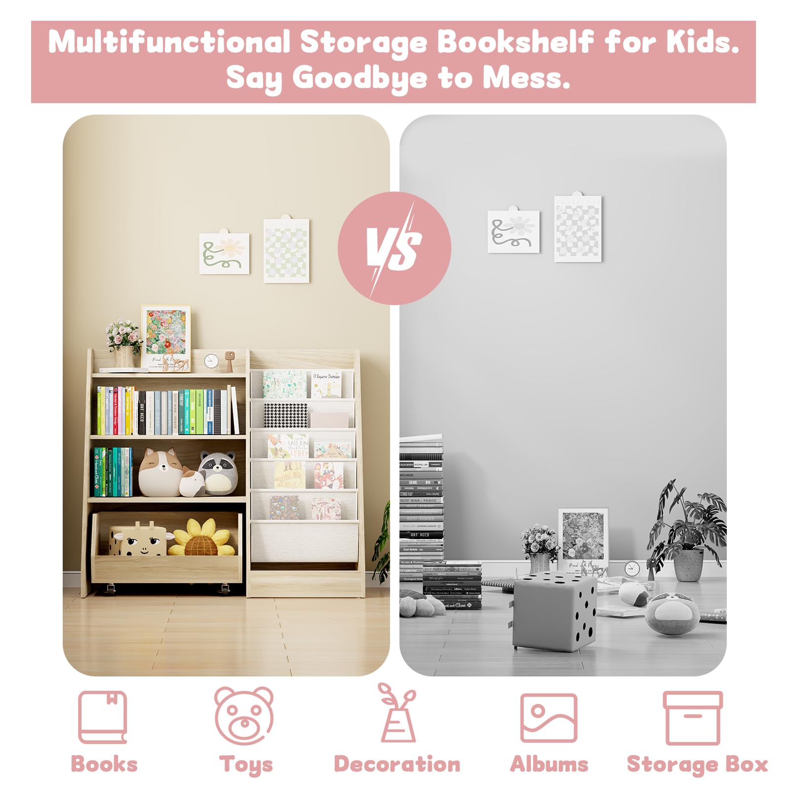 COZPAW Kids Bookshelf and Toy Storage, 4 Tier Toddler Bookshelf with Movable Drawer (Oak)