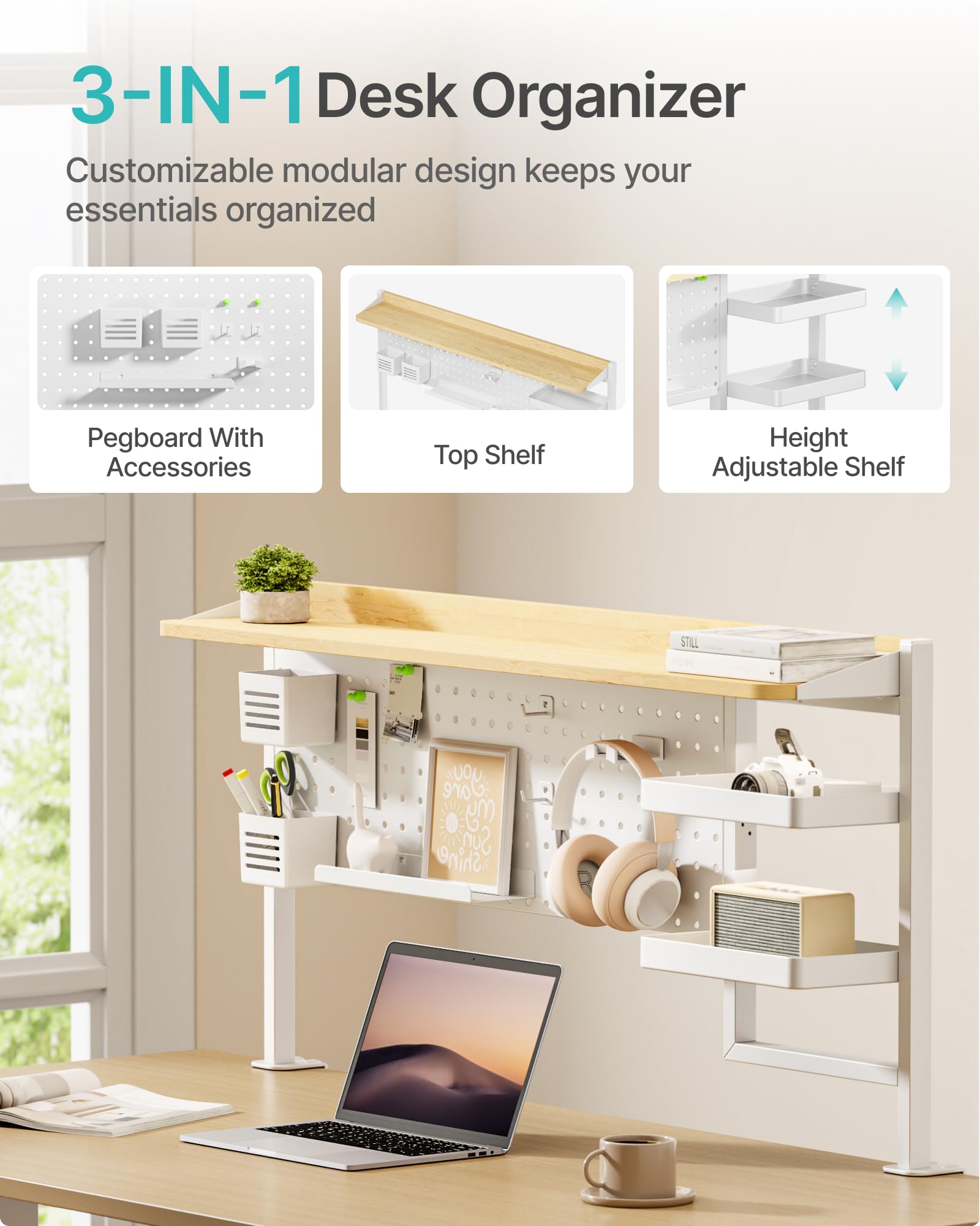 Clamp-On Desk Shelf with Pegboard & 2-Tier Organizer