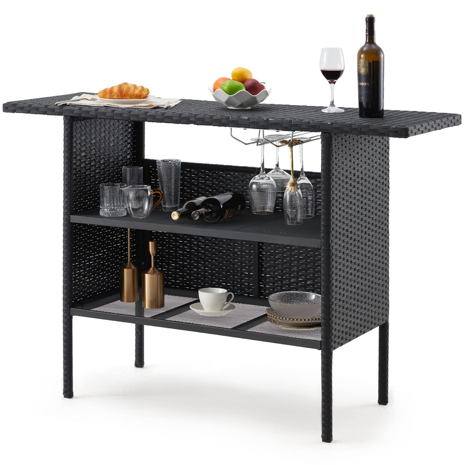 ECOTOUGE Black Wicker Bar Table, Outdoor Patio Console Table Serving Table, Mini Outdoor Bar Patio Counter with Steel Shelves & Hanging Wine Glasses, Ideal for Garden, Backyard