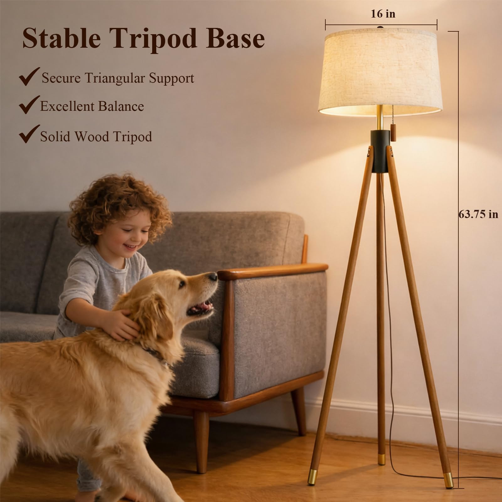 Mid Century Modern Tripod Floor Lamp, Gold Accented Two-Tone Solid Wood Floor Lamp with Black-Finished Solid Wood Center, Linen Shade & Pull Chain, Tall Lamp for Living Room Bedroom Reading Corner