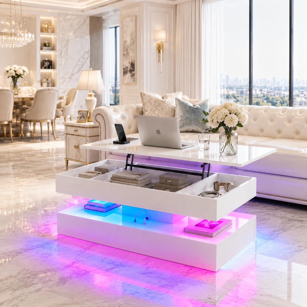 Breezestival 47 Inch LED Lift Top Coffee Table, High Gloss Coffee Table with 2 Sliding Drawers, Open Storage Shelf and Ambient Light, Modern Double-Layer Center Table for Living Room White