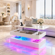 Breezestival 47 Inch LED Lift Top Coffee Table, High Gloss Coffee Table with 2 Sliding Drawers, Open Storage Shelf and Ambient Light, Modern Double-Layer Center Table for Living Room White