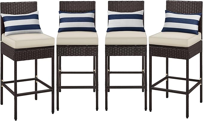 Outdoor PE Rattan Bar Stools with Cushions & Footrests