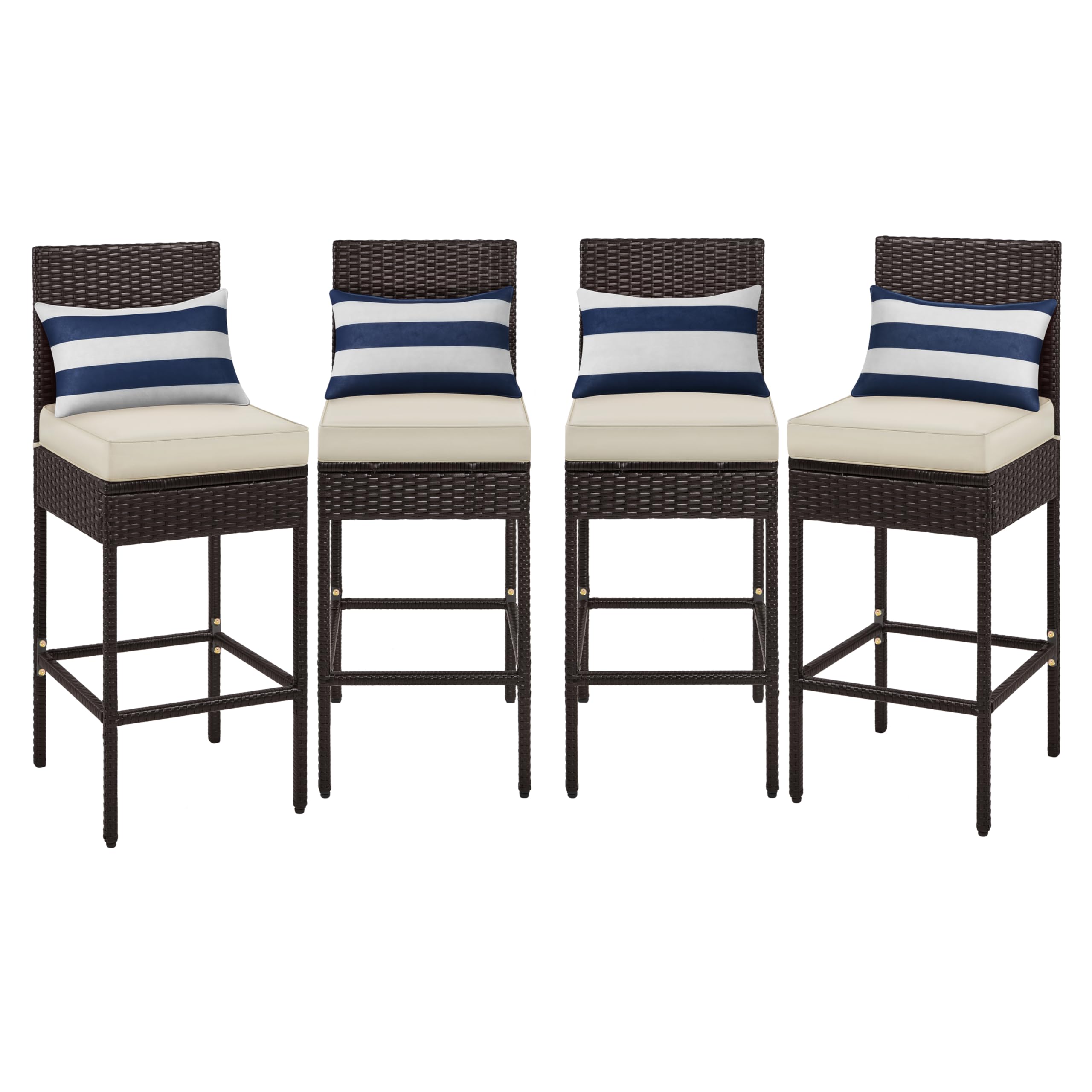 Outdoor PE Rattan Bar Stools with Cushions & Footrests