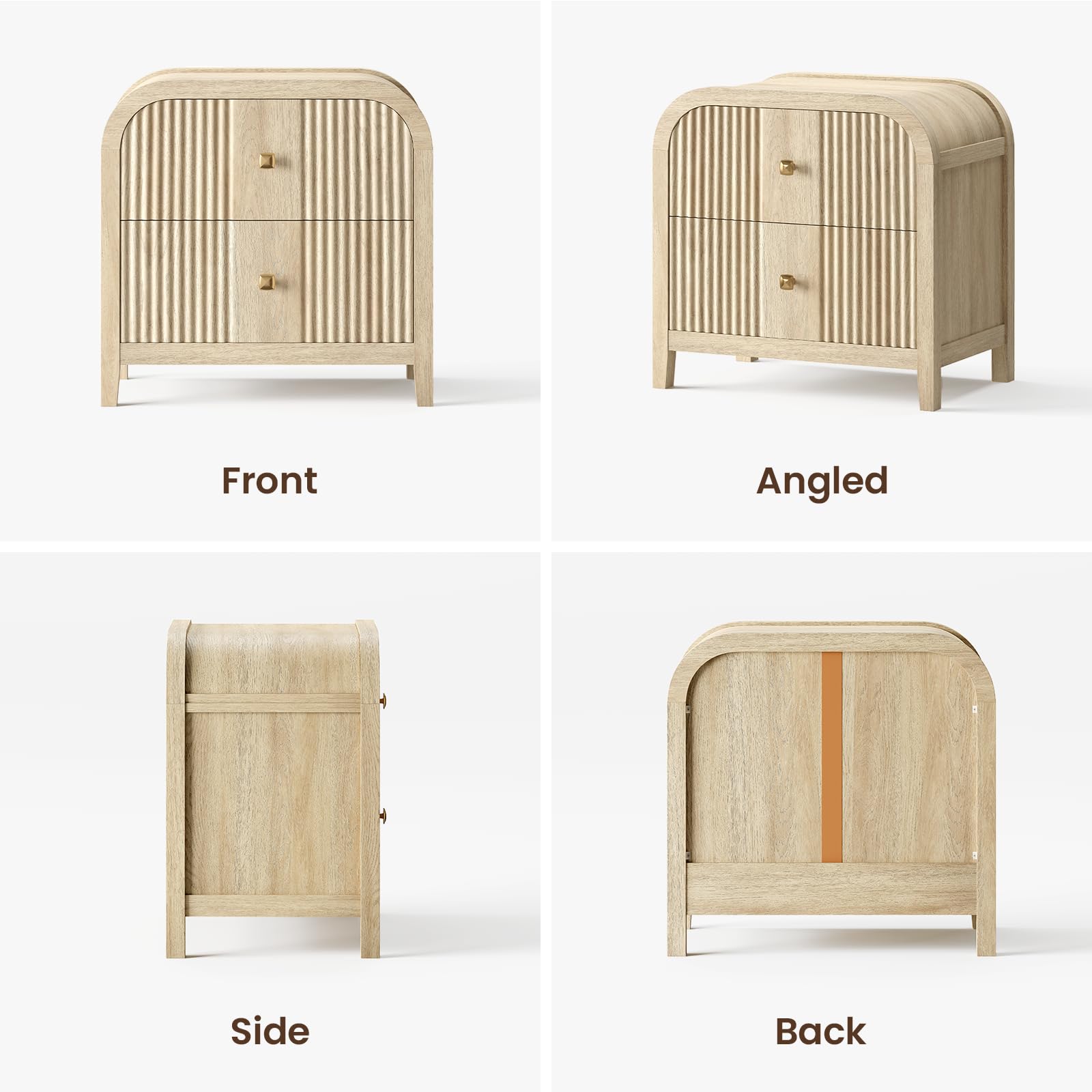 2-Drawer Wave-Fluted Nightstand with Curved Top