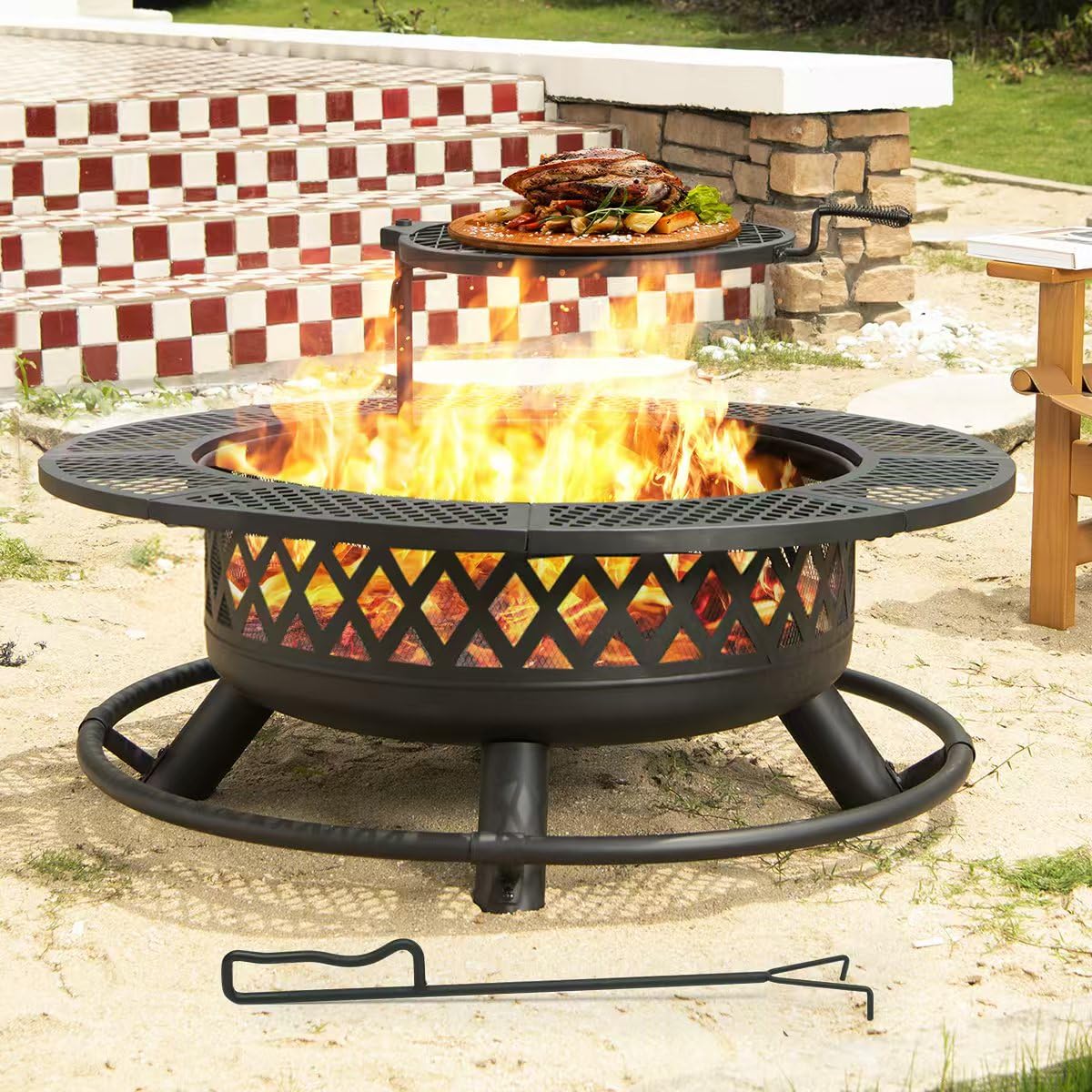 Panovue 42 Inch Outdoor Fire Pit with Grill Wood Burning 3-in-1 Firepit