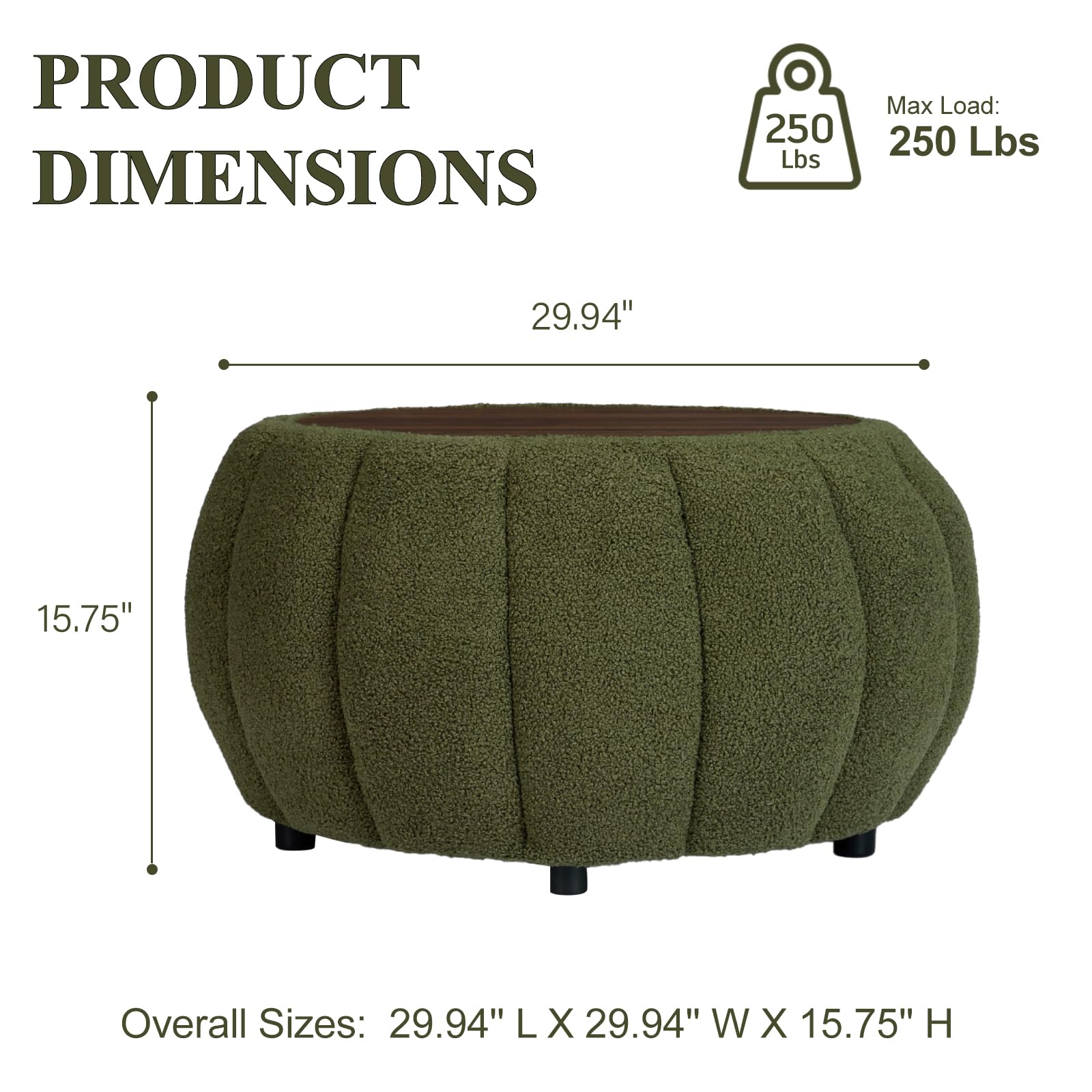 YDcosyfy 30 Inches Round Ottoman Coffee Table with Storage, Upholstered Ottoman in Boucle Teddy Fabric, Wooden Top with Tray, Soft Pumpkin Shape Design,for Living Room, Bedroom, Lounge, Green