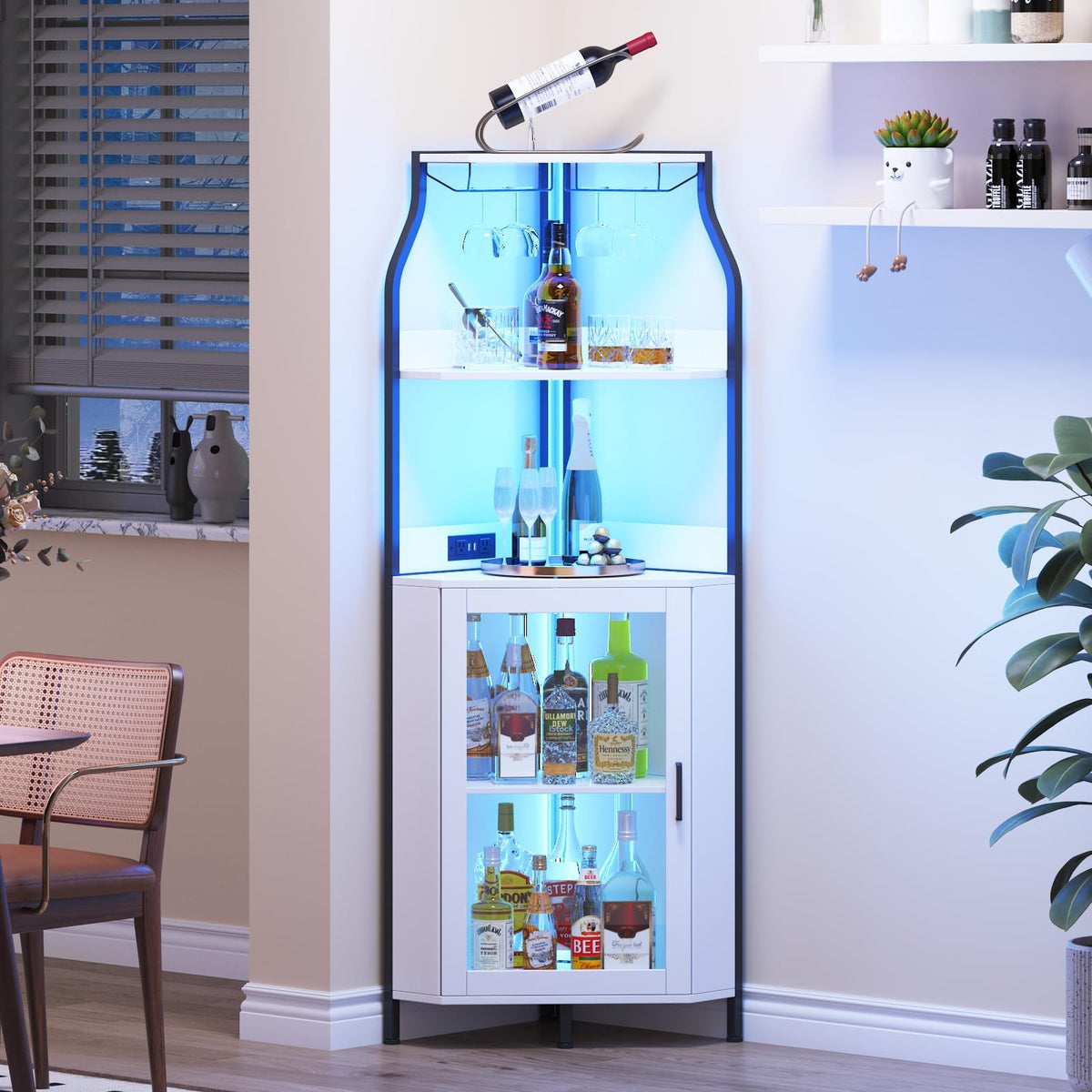 SunnyFurn 61" Tall Corner Bar Cabinet with LED Light, Liquor Cabinet, White