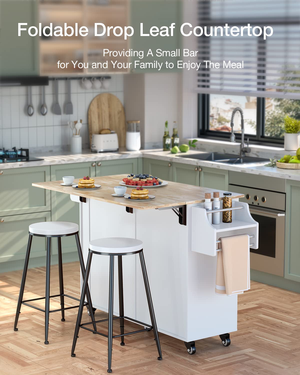 Kitchen Island Cart with Rubber Wood Top, Storage Cabinets & Drawers