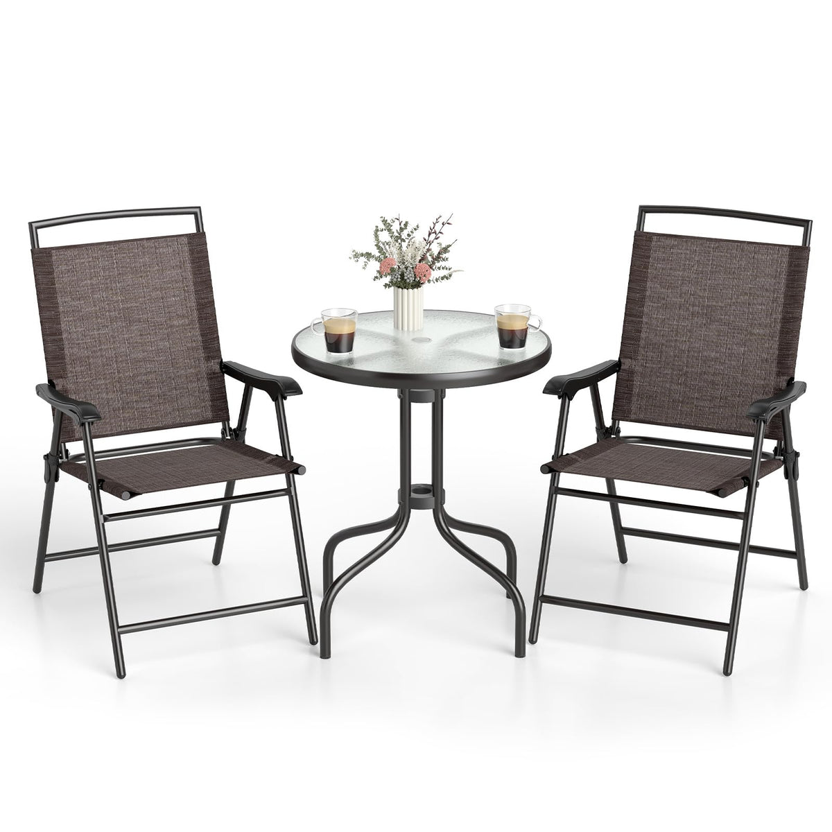 Goplus Bistro Table and Chairs Set of 2, Outdoor 3 Piece Patio Bistro Set with 1.57” Umbrella Hole, Tempered Glass Tabletop, 2 Folding Chairs, Small Patio Furniture Dining Set for Garden, Balcony