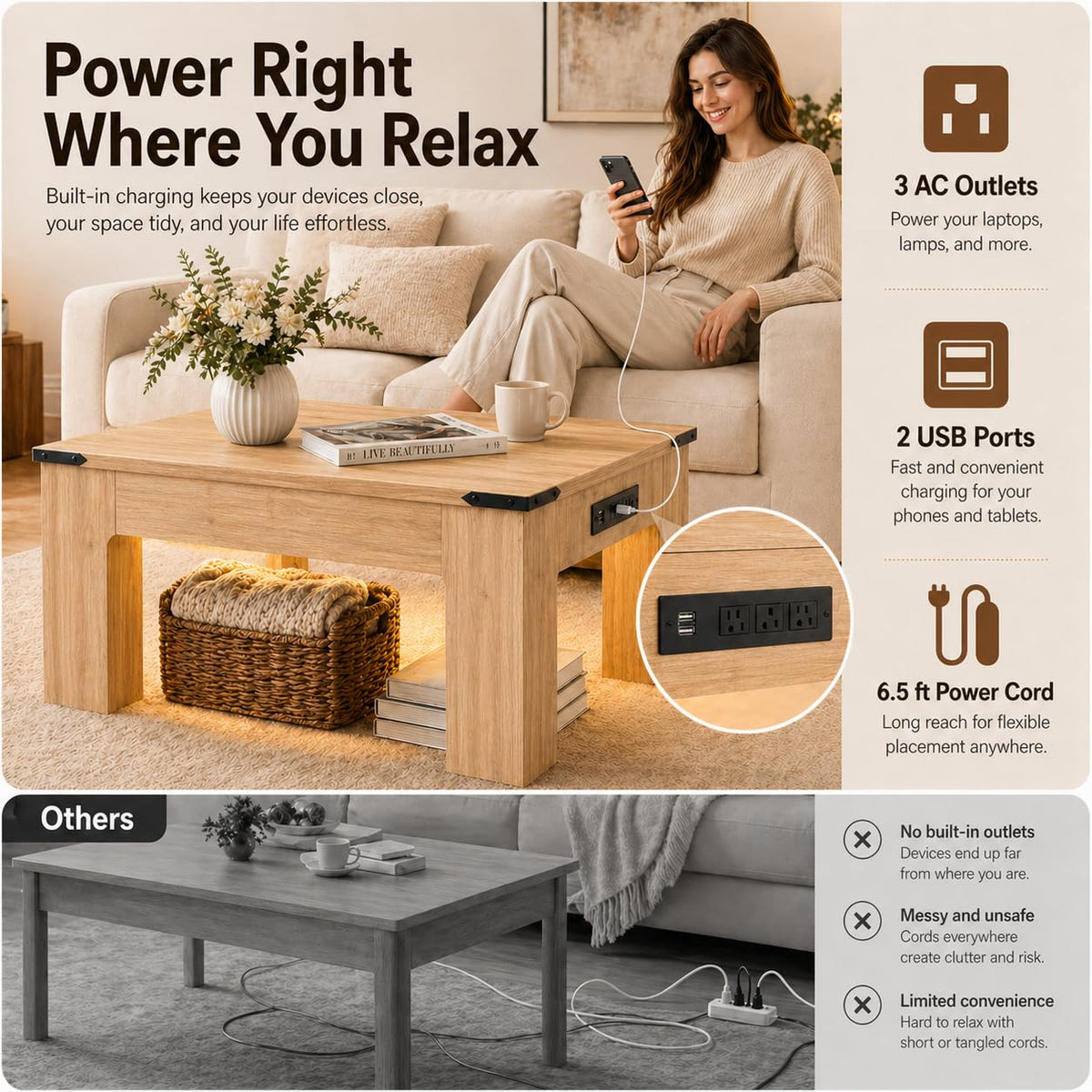 Square LED Coffee Table with Charging Station, Natural