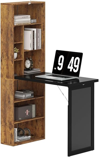 Wall-Mounted Fold-Out Desk with Chalkboard & Storage Shelves