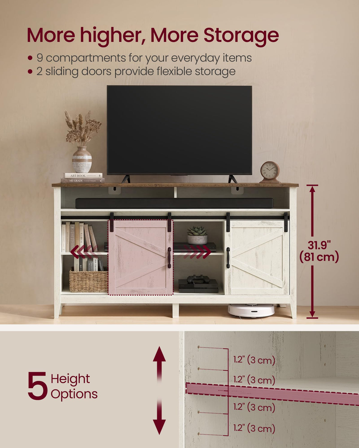 VASAGLE Tall Farmhouse TV Stand, Entertainment Center with Door for 65'' TV
