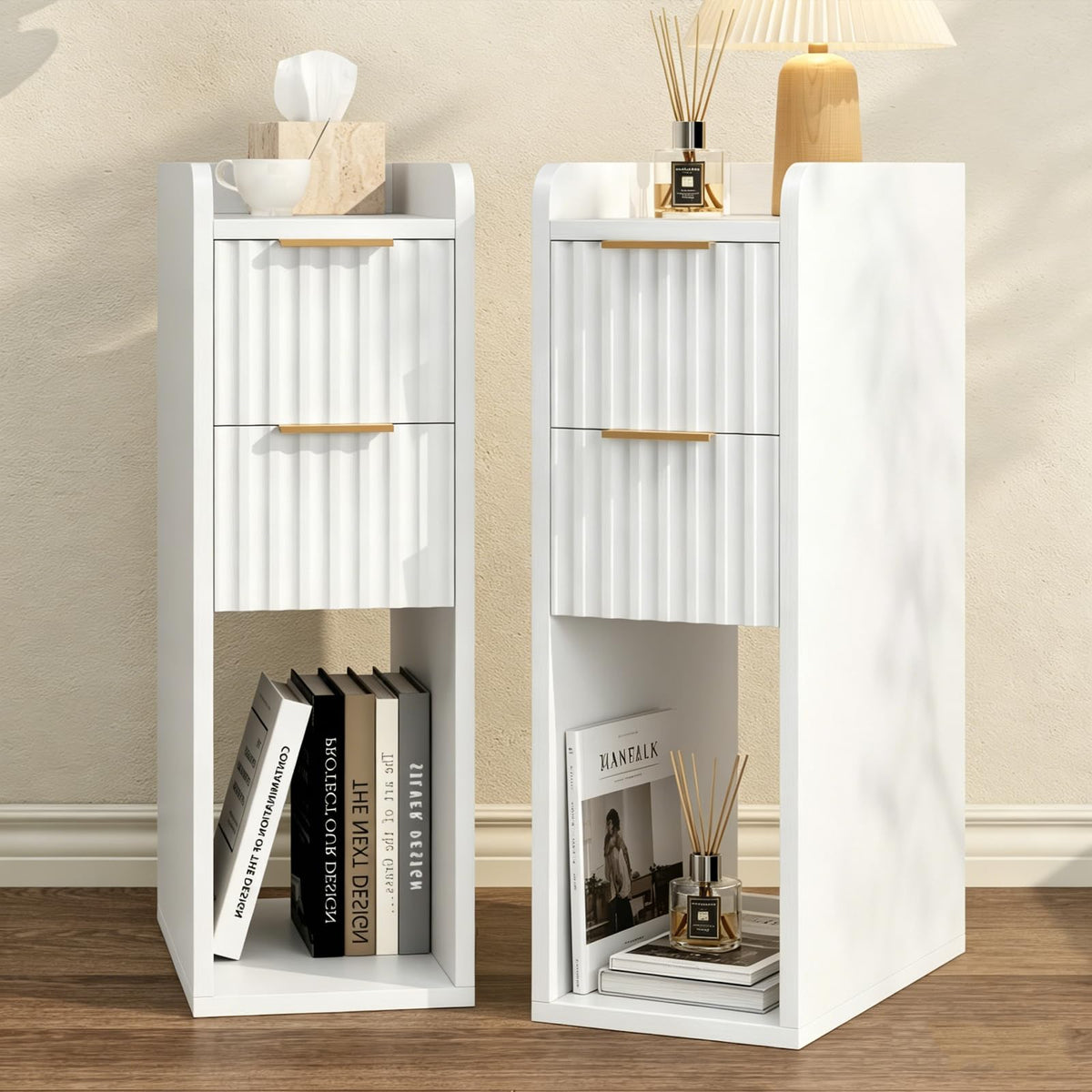 White Fluted Nightstands, Set of 2