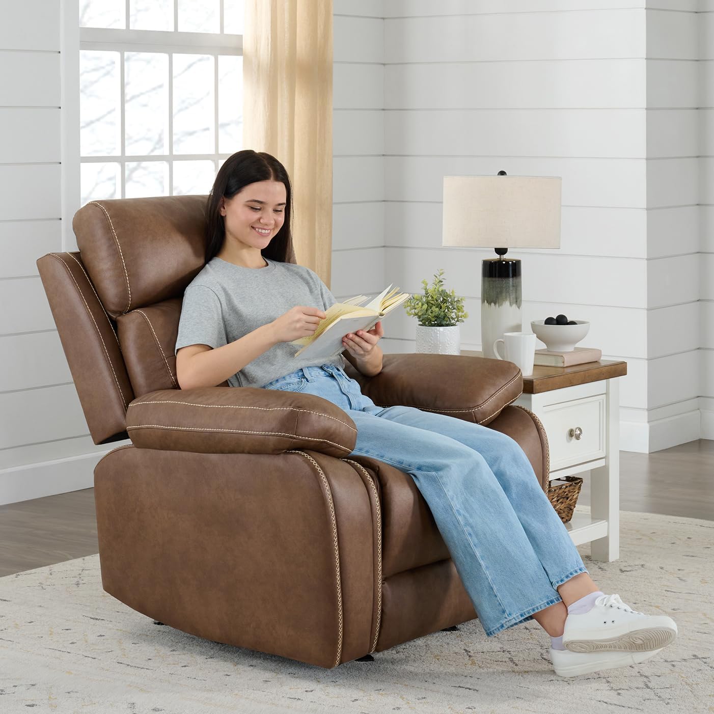 Faux Leather Recliner Chair with Rocker & Overstuffed Arms