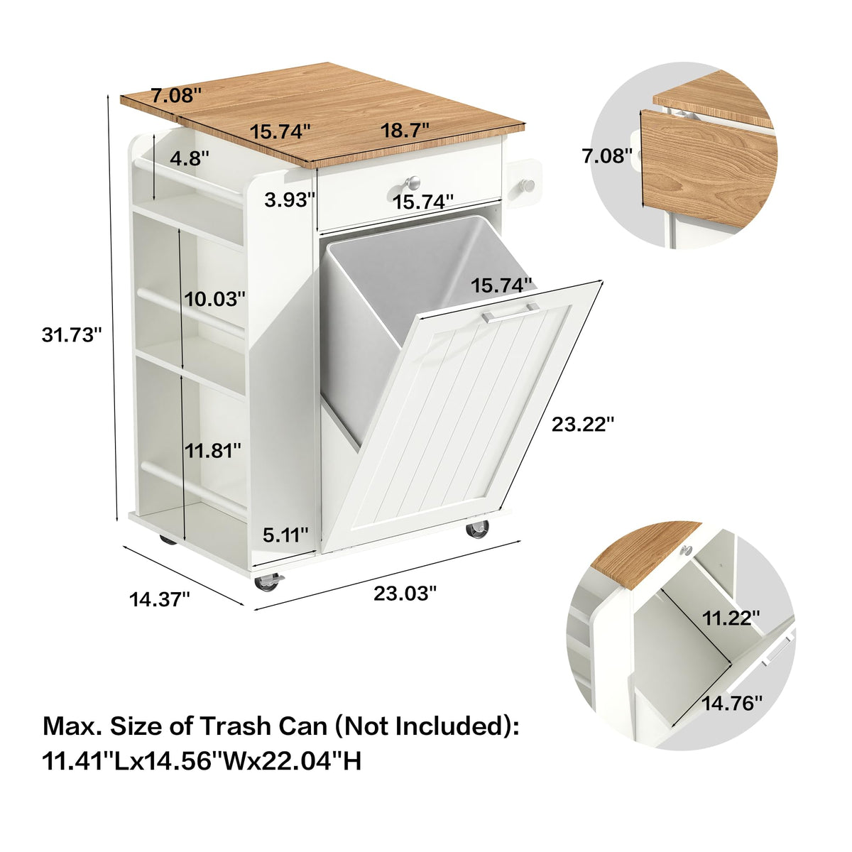 spanspace Kitchen Island with Trash Can Storage & Drop Leaf, Portable Kitchen Island on Wheels, Rolling Island Table for Kithchen