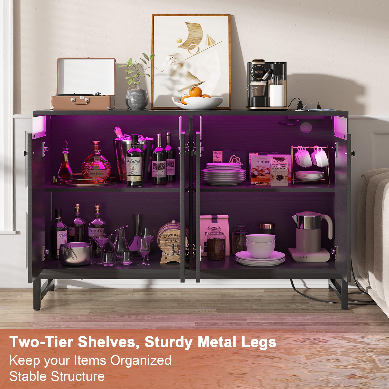 Aheaplus Sideboard Buffet Cabinet with Power Outlet, Kitchen Storage Cabinet with LED Light & Doors, Accent Cabinets Cupboard Buffet Table with Storage for Dining Room, Living Room, Hallway, Black