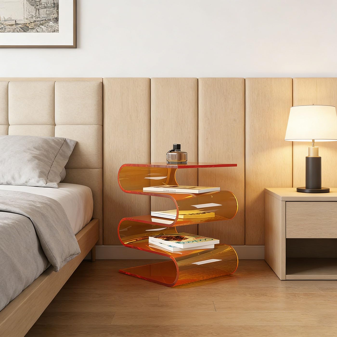 S-Shaped Acrylic Side Table with 3-Tier Magazine Holder