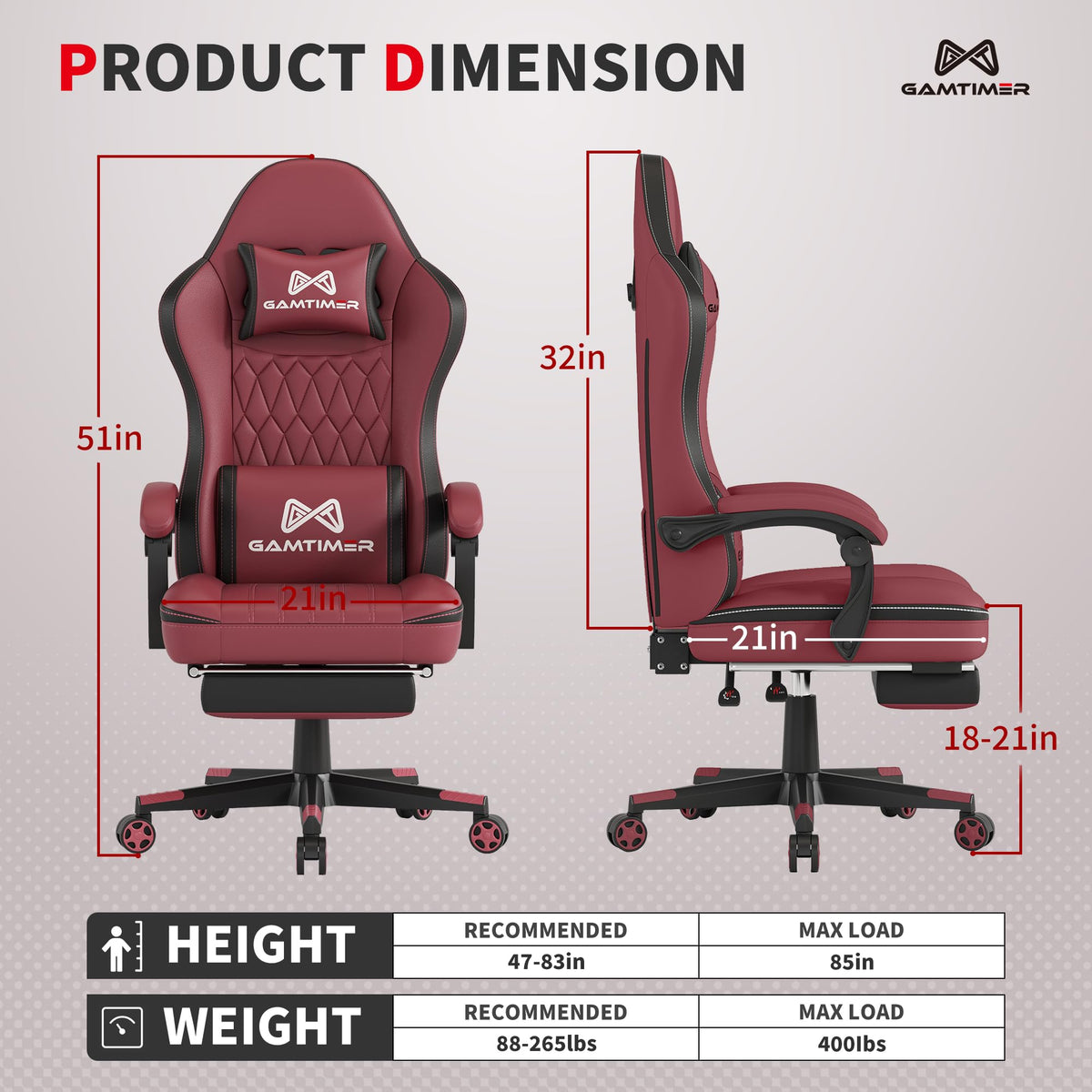 Gaming Chair, Computer Office Chair with Pocket Spring Cushion, 400 LBS Weight Capacity, Breathable PU, Headrest & Lumbar Support, for Silla Gamer Adults (RED)