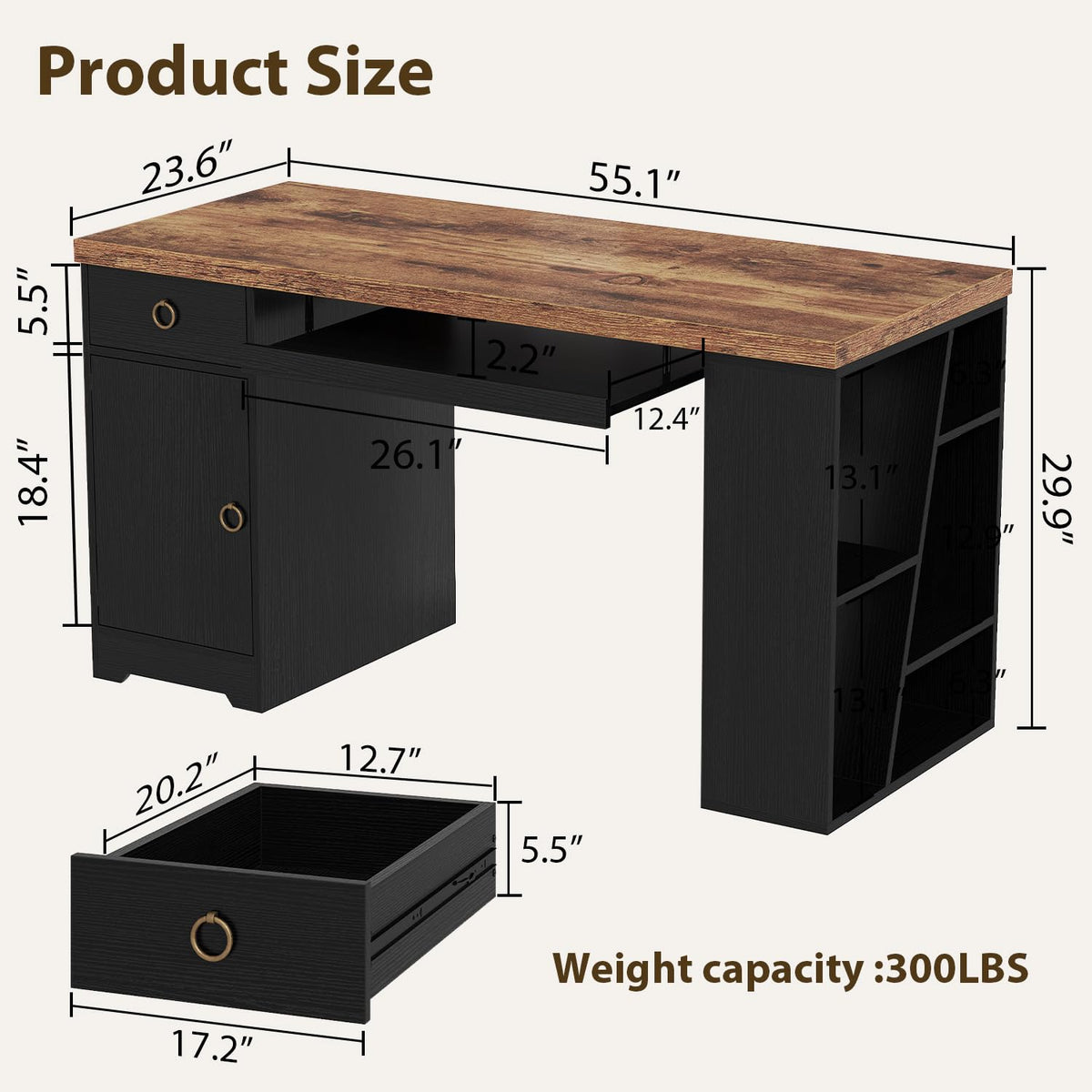 HSH Office Desk with Keyboard Tray in Home, Computer Desk with Storage 55"
