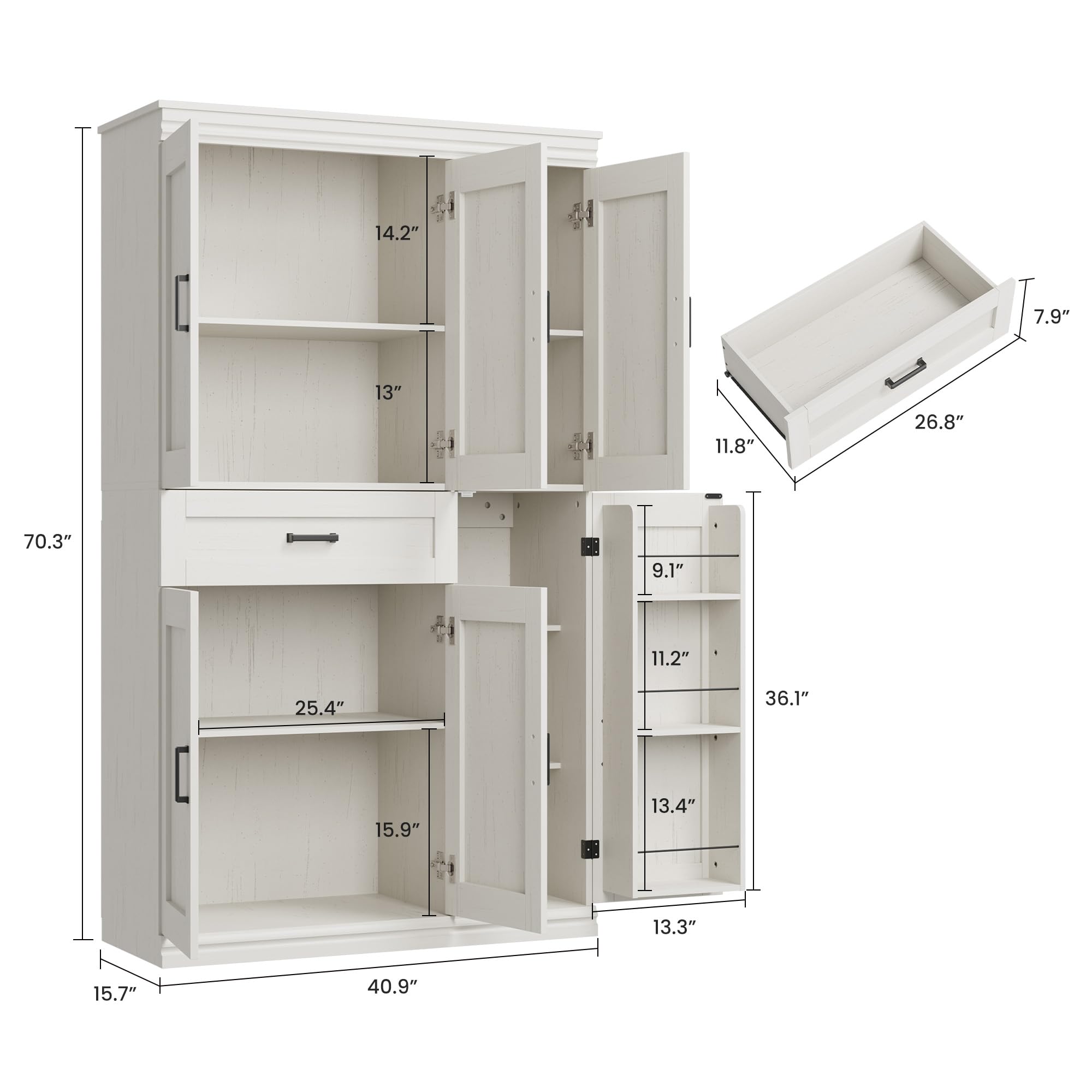 Garvee 70" Tall Kitchen Pantry Storage Cabinet, Modern Kitchen Hutch Cabinet with Doors and Shelves, Freestanding Food Pantry with Large Storage Drawer for Dining Room and Household Organization