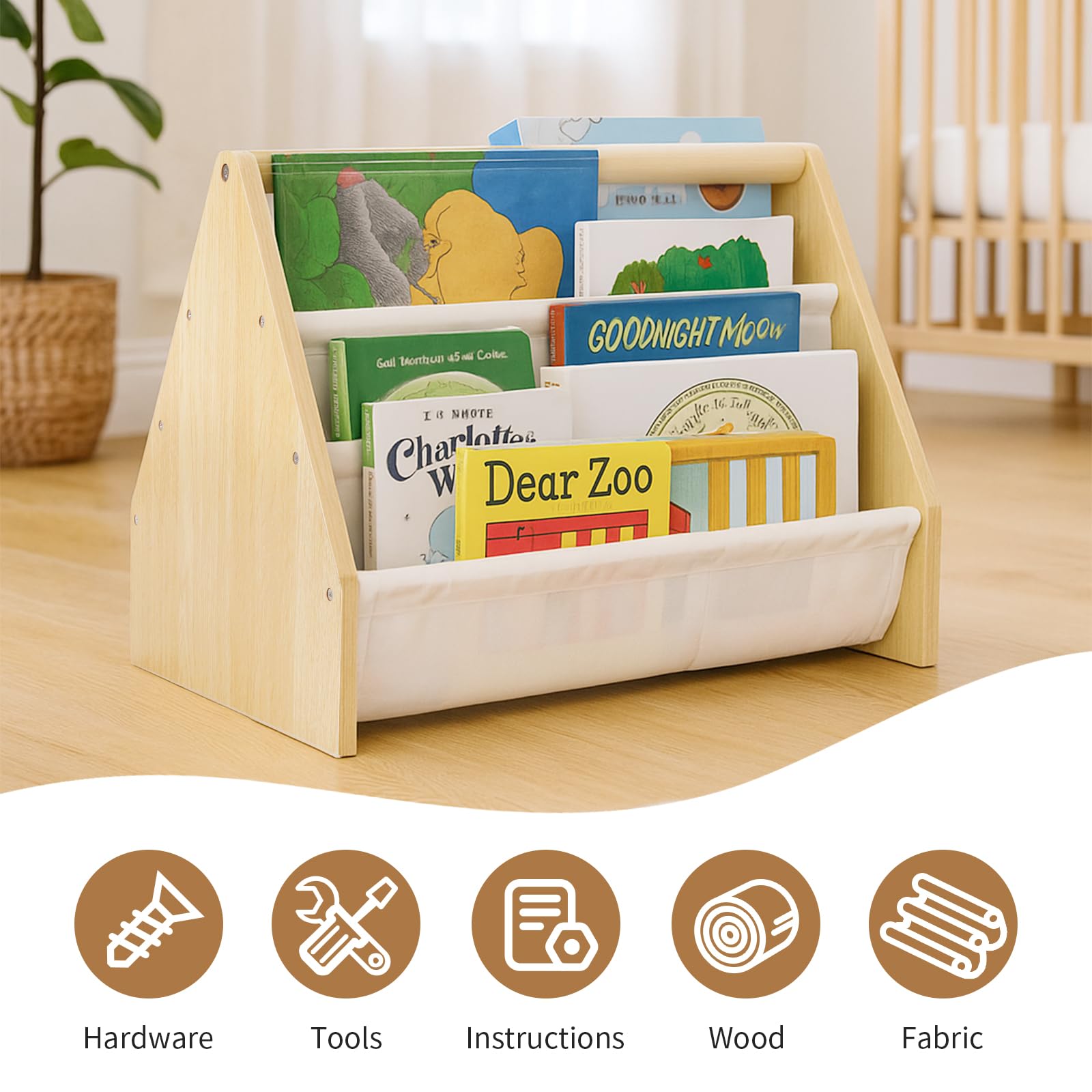 Epelay Kids Bookshelf, 19" Nursery Book Shelves for Toddler Rooms, with Deep Fabric Pockets, Montessori Book Shelf for Baby Room, Reading Corner or Playroom Decor