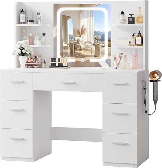 LED Makeup Vanity Desk with 7 Drawers & Power Station