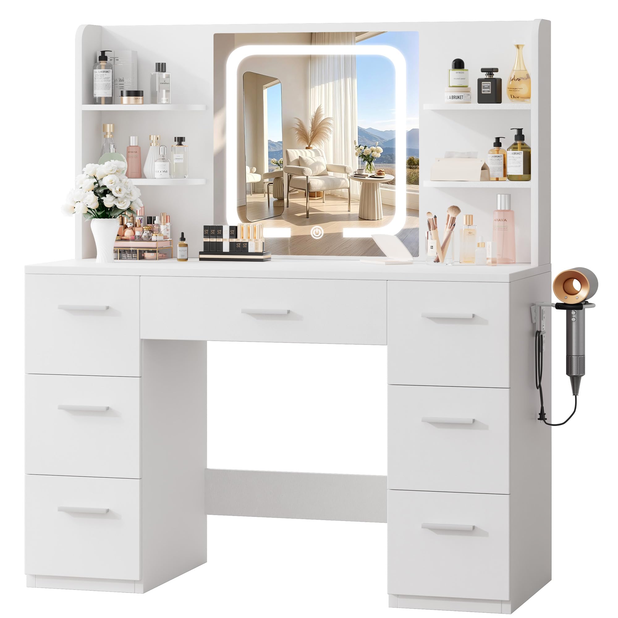 LIVELYGLOW White Large Makeup Vanity Desk with Smart LED Mirror & Power Station, 43" Professional Dressing Table with 7 Drawers, 4 Open Shelves & Hairdryer Holder for Bedroom