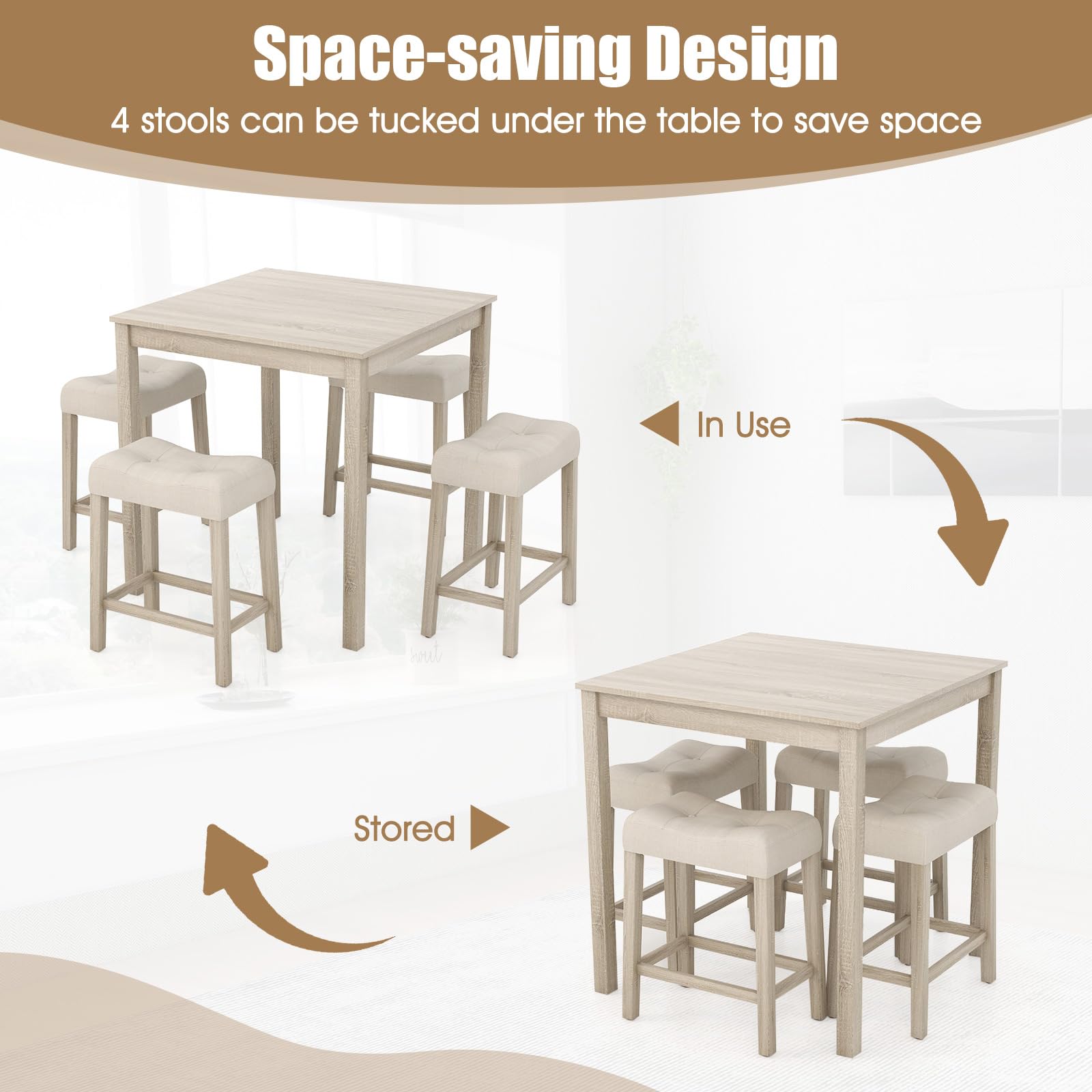 NAFORT 5 PCS Small Dining Table Set, Farmhouse Breakfast Nook Set with 4 Upholstered Saddle Stools, Space-Saving Wooden Bar Table Set for Living Room, Dining Room, Home Bar& Kitchen