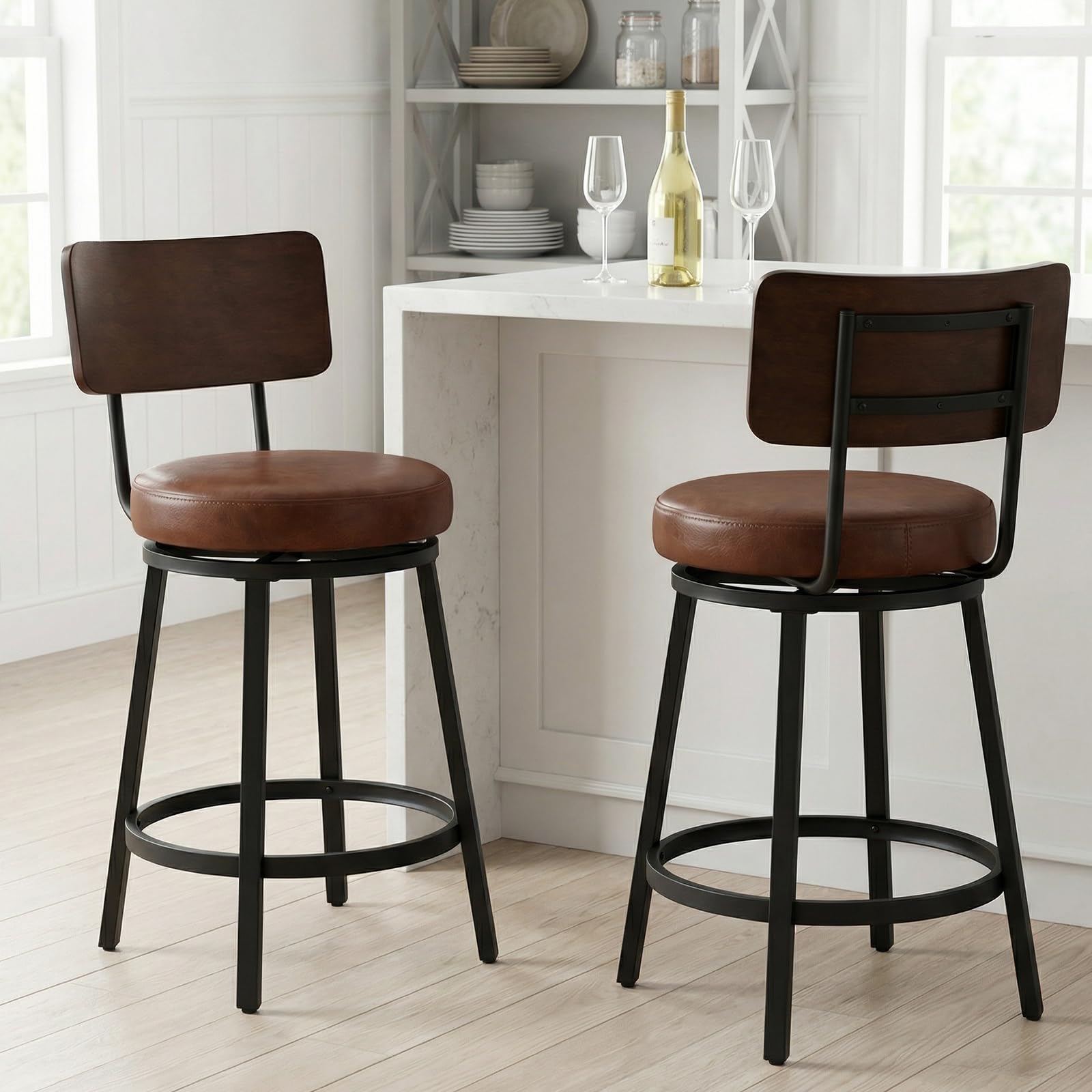 Swivel Bar Stools Set of 2 with Wood Backrest & Metal Legs