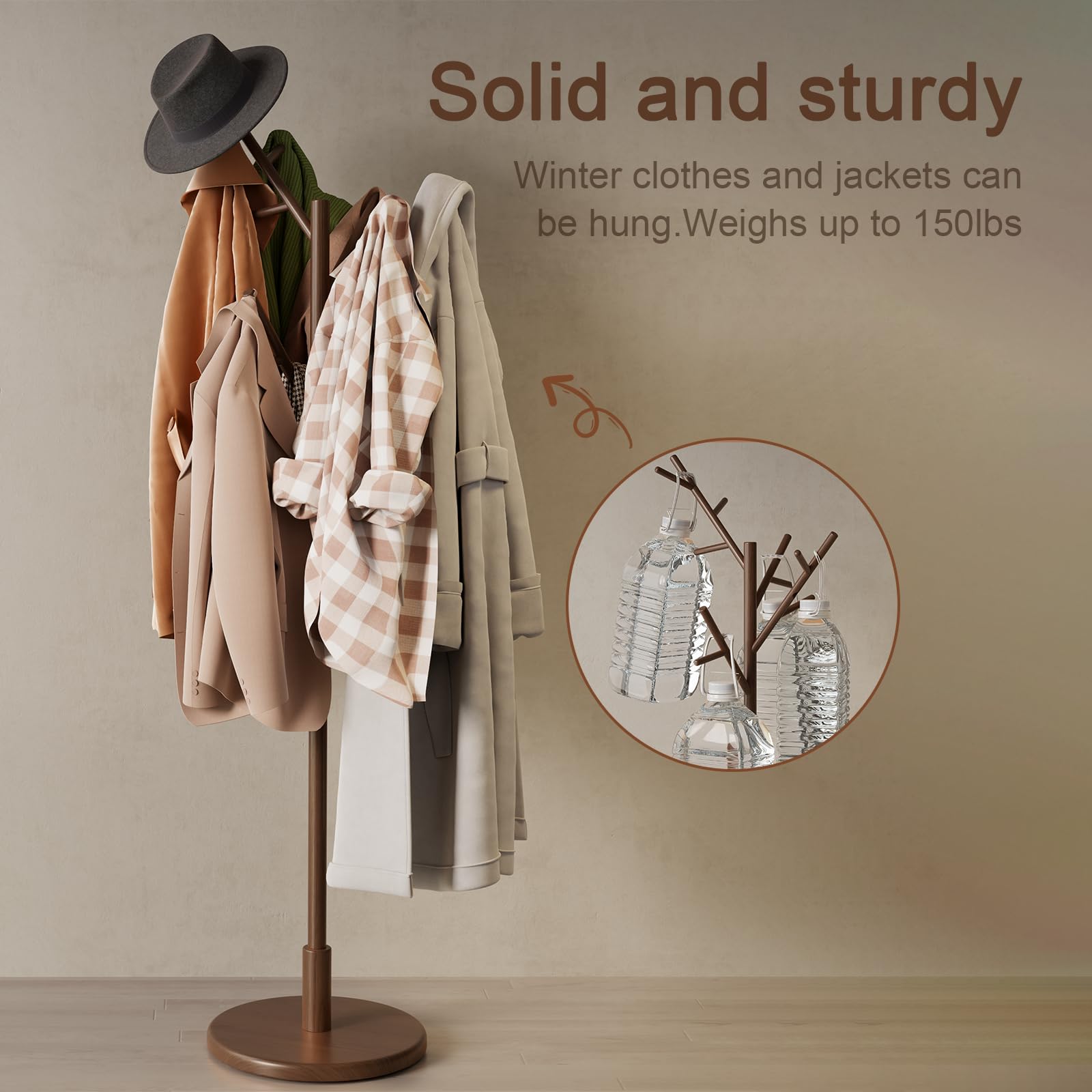 Freestanding Wood Coat Rack with 12 Hooks