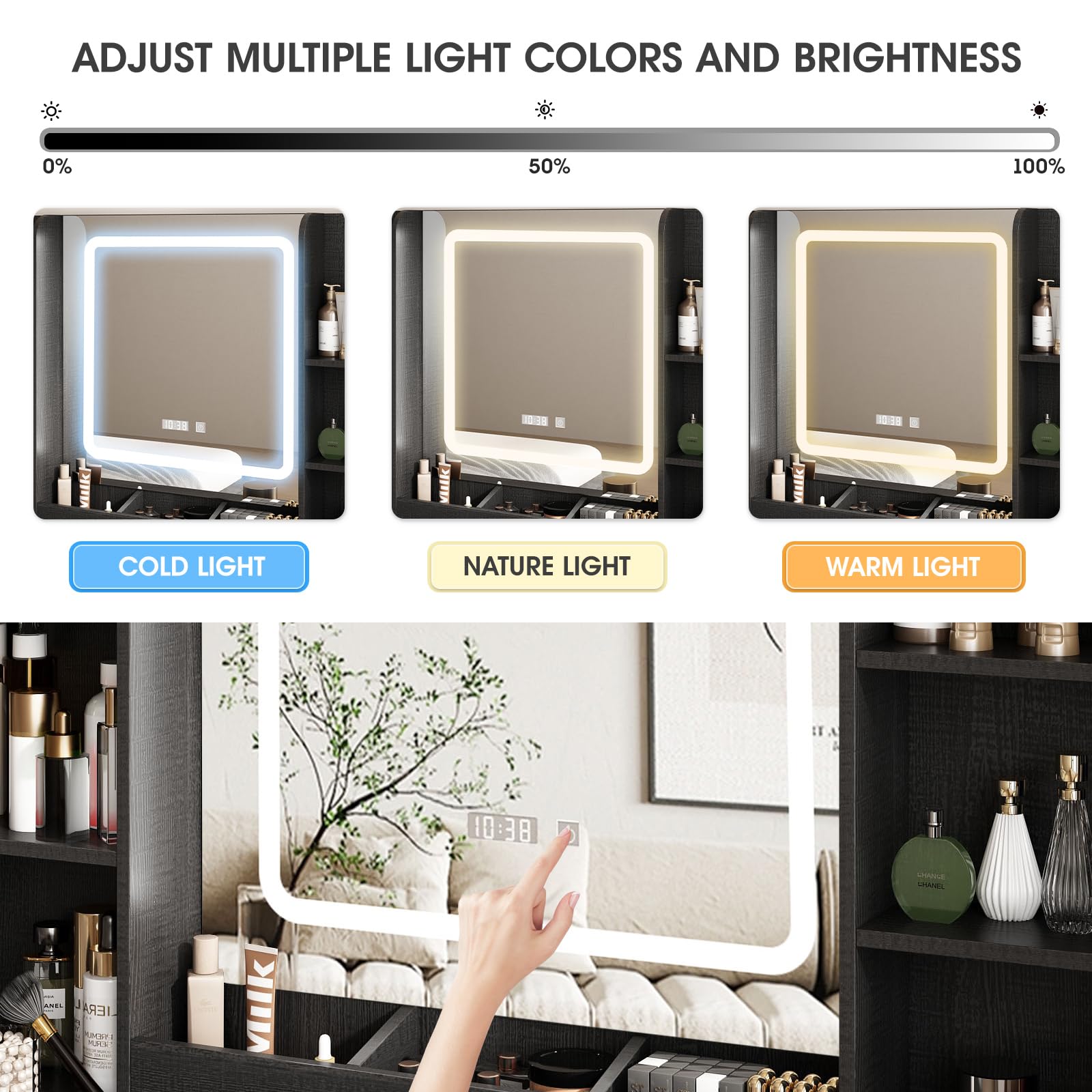 Vabches Black Vanity Desk, Vanity Mirror with Lights, Makeup Desk with Stool, Makeup Table with Large Storage Drawers and Shelves, Time and Temperature Display, 3 Led Lighting Modes Adjustable