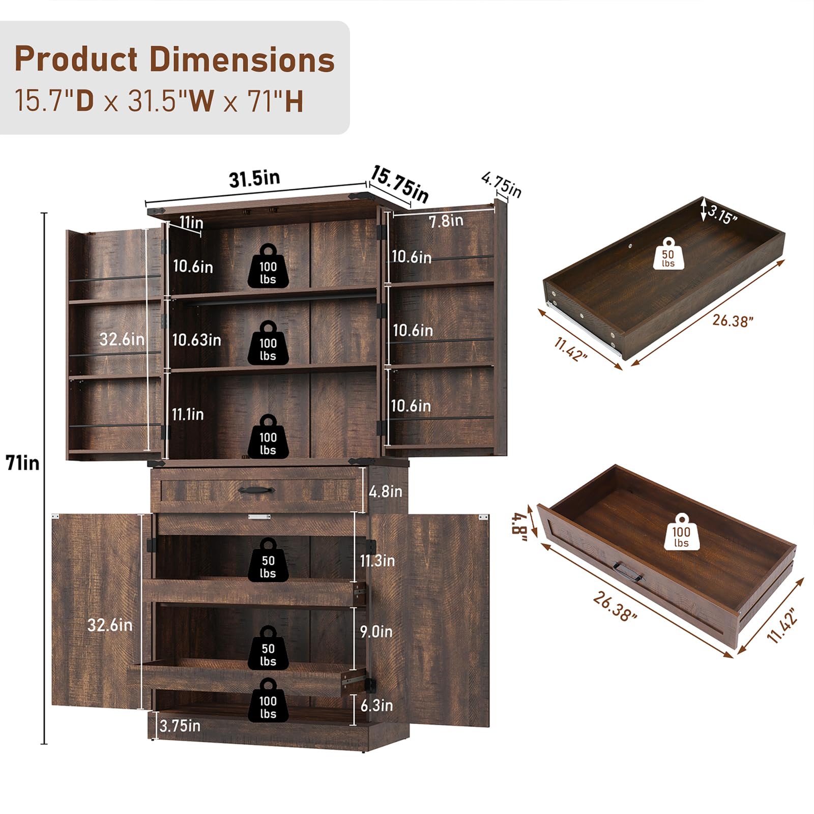 71" Tall Kitchen Pantry Cabinet with 3 Drawers,Farmhouse Storage Cabinet with 6 Barn Door Shelves,with Load-Bearing Steel Pipe and Adjustable Shelves,Pantry Organizer for Kitchen,Living Room(Brown)