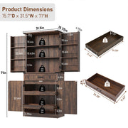 71" Tall Kitchen Pantry Cabinet with 3 Drawers,Farmhouse Storage Cabinet with 6 Barn Door Shelves,with Load-Bearing Steel Pipe and Adjustable Shelves,Pantry Organizer for Kitchen,Living Room(Brown)