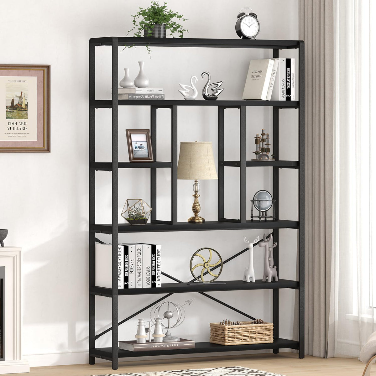 6-Tier Black Oak Bookshelf