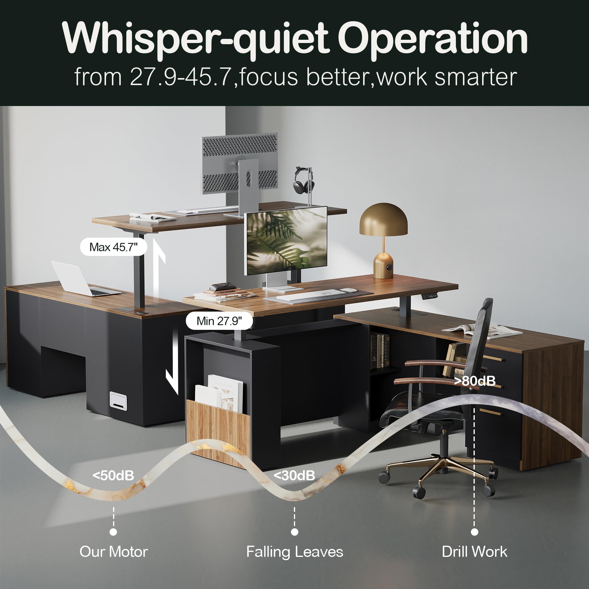 L-Shaped Electric Standing Desk with File Cabinet