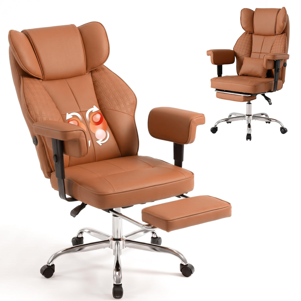 BOWTHY Kneading Massage Office Chair with Footrest,90-135°Reclining Office Chair,Ergonomic Computer Desk Chair,Gaming Chair with Lumbar Support,Leather Executive Chair with Adjustable Armrests,Brown