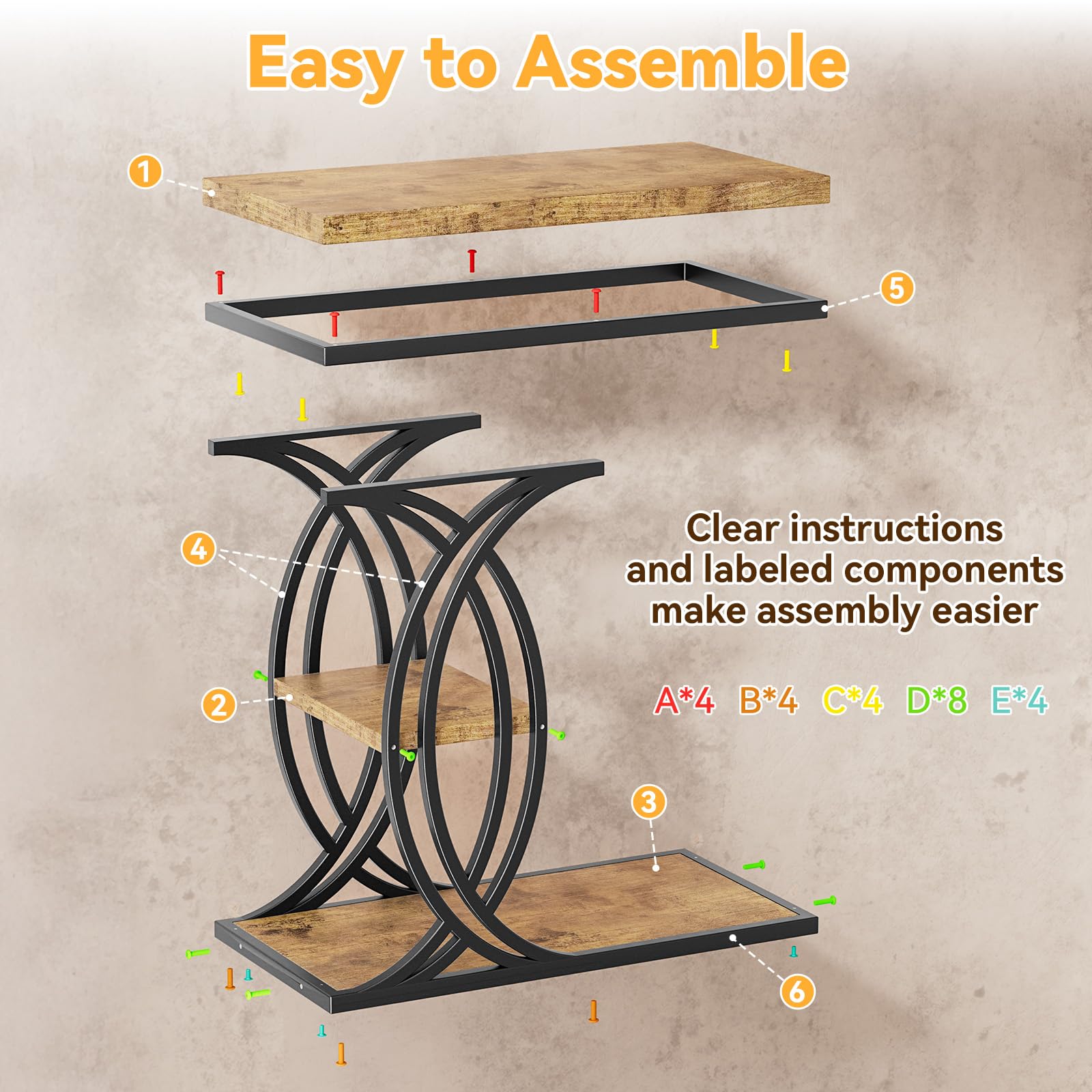 C-Shaped 3-Tier End Table with Metal Frame