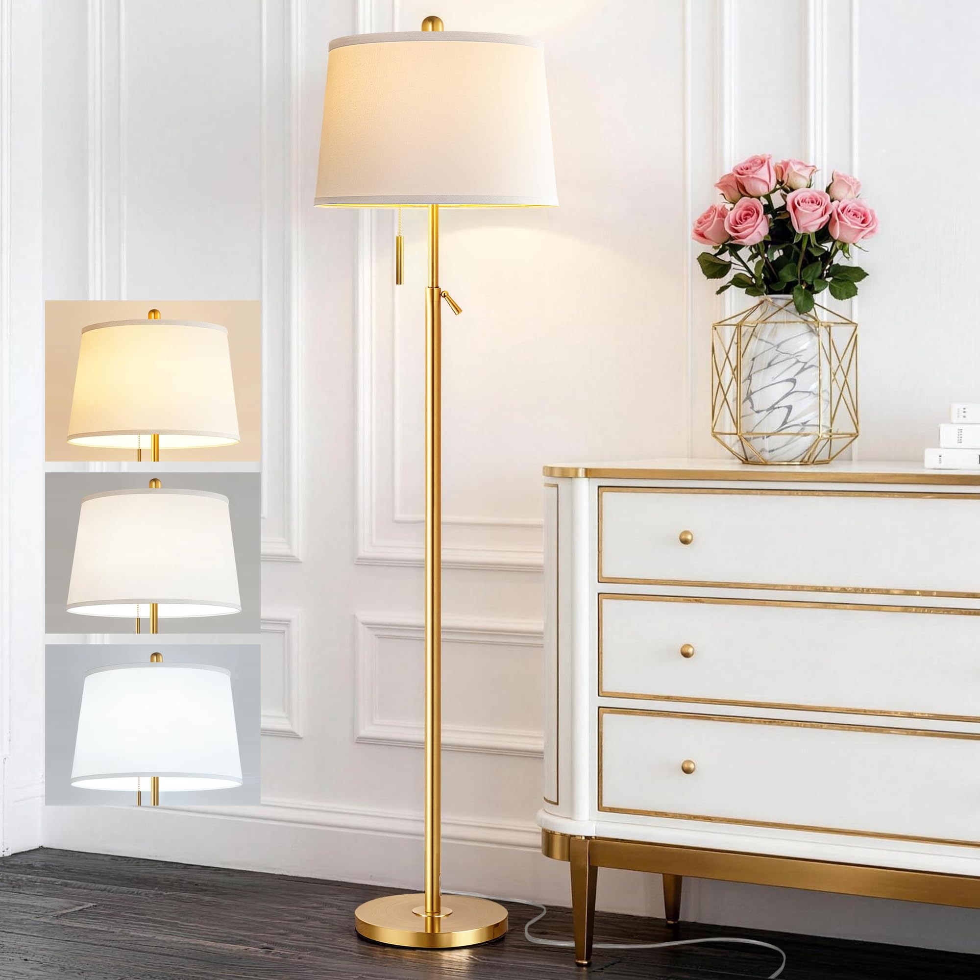 Gold Floor Lamp for Living Room, Modern Standing Lamp 55-67" Height Adjustable Brass Tall Floor Lamp with Pull Chain Switch and 3 CCT LED Blub for Living Room, Bedroom, Office & Corner Reading