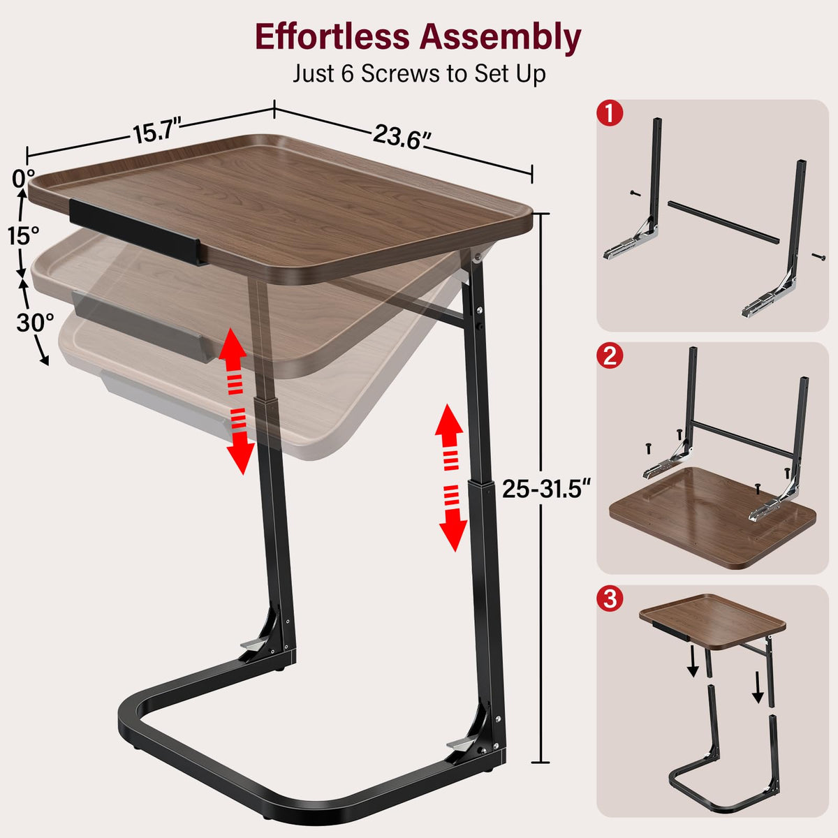 MLZLLL Heavy Duty C-Shaped End Table, Raised Edge Snack Table, Height & Tilt Adjustable TV Tray Table, Easy to Install, TV Dinner Tray Table for Couch, Bed, Work & Eating, Foldable & Easy Storage