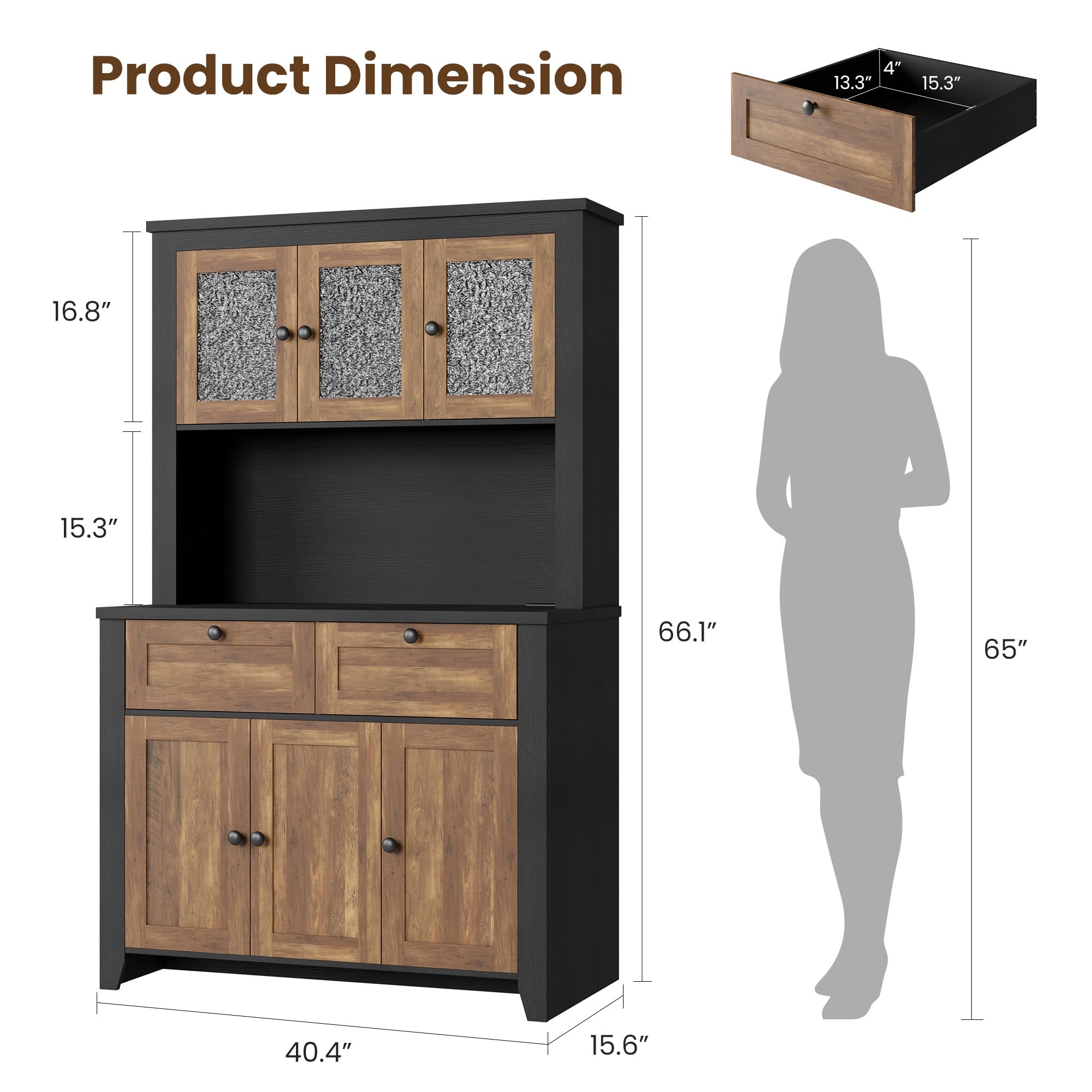 GarveeHome 66" Tall Pantry Cabinet with Power Outlet & LED Light, Kitchen Pantry Storage Cabinets with Countertop, Large Kitchen Hutch with Storage Drawers & Water Ripple Acrylic Panel Cabinet Door